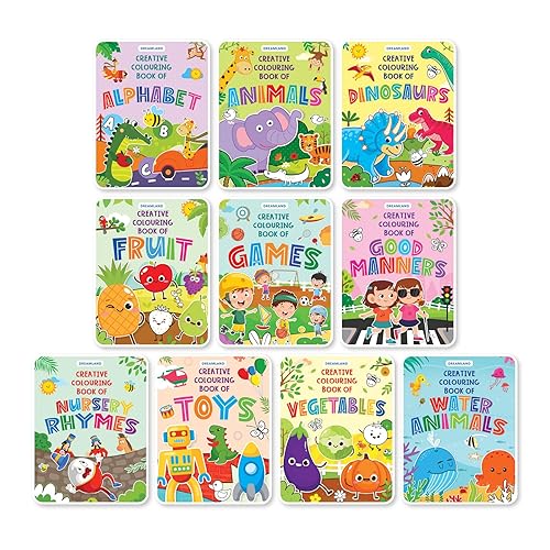 Creative Copy Colouring 10 Books Pack for Kids Age 1 -6 Years | 160 Pages Drawing and Painting Books | Alphabets, Vegetables, Fruits, Games, Toys, ... Water Animals, Good Manners, Nursery Rhymes