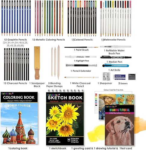 Miniatura 2 de CwhaleCblu Paquete de 82 suministros de arte de dibujo, kit de bocetos con libro de bocetos de 3 colores, grafito, carbón, acuarela y lápiz