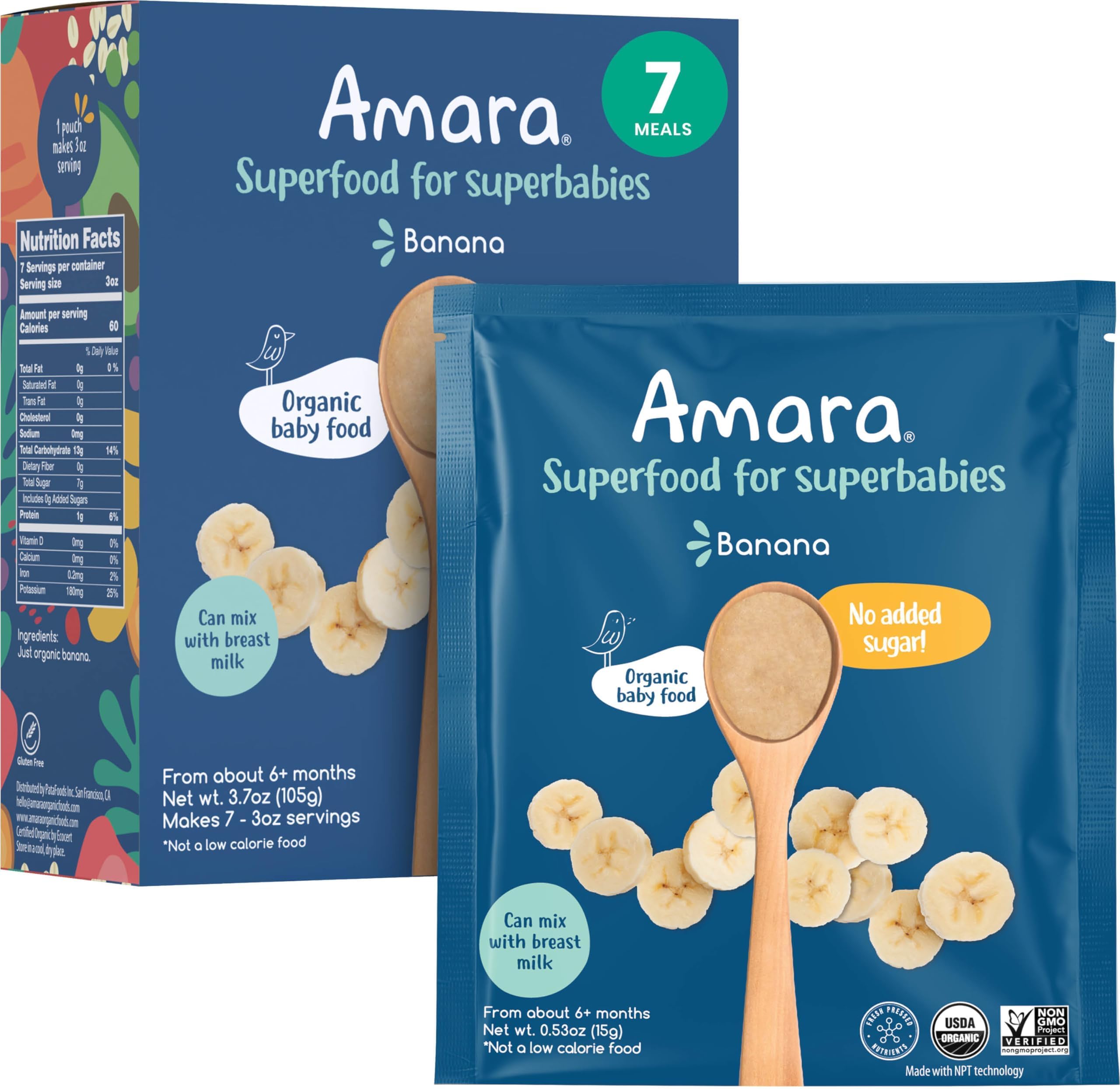 Organic Baby Food - Stage 1 - Banana - Baby Cereal to Mix With Breastmilk, Water or Baby Formula - Shelf Stable Baby Food Pouches Made from Organic Fruit - 7 Pouches, 3.5oz Per Serving