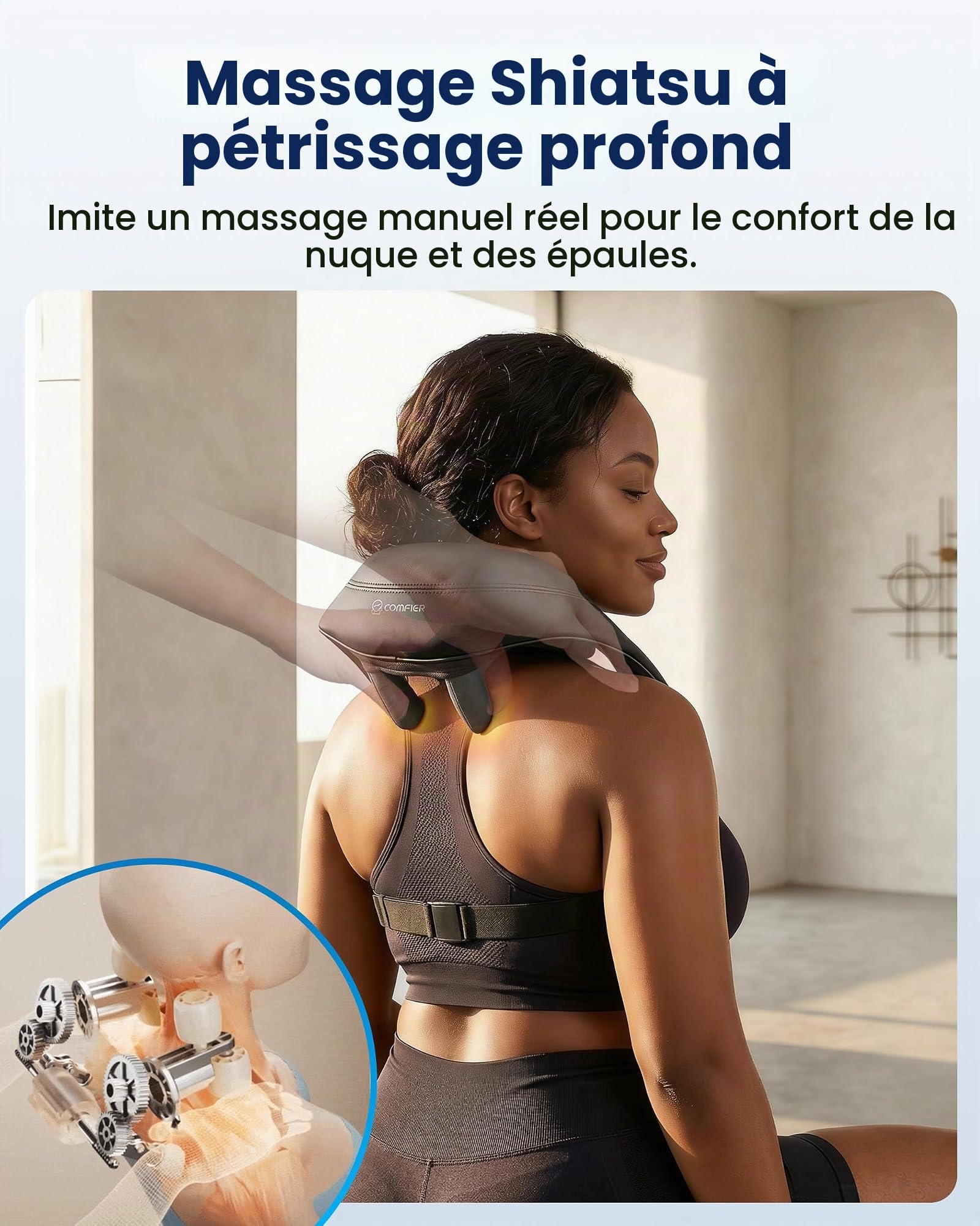 COMFIER Masseur dorsal sans fil pour douleur, masseur Shiatsu cou avec chaleur, massage profond 4D des épaules pour une utilisation à la maison, au bureau, coussin de massage électrique rechargeable,