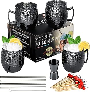 LINALL Moscow Mule Mugs- Set of 4 Gunmetal Black Plated Stainless Steel Mug 18oz, Measuring Cup, Cocktail Picks for Chilled Drinks (4pcs)