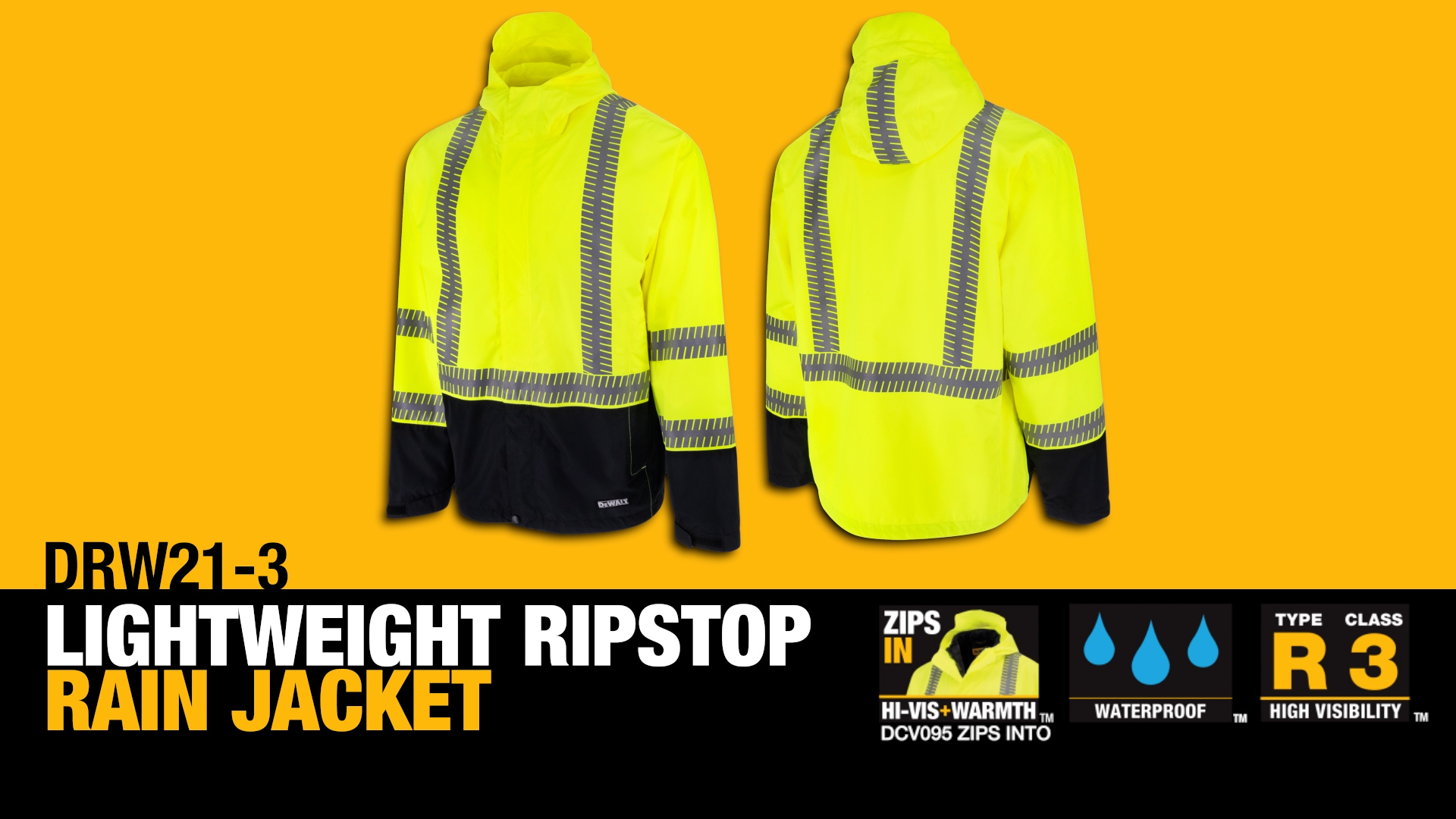 DEWALT DRW21-3 Lightweight Class 3 Ripstop Wind and Rain Jacket