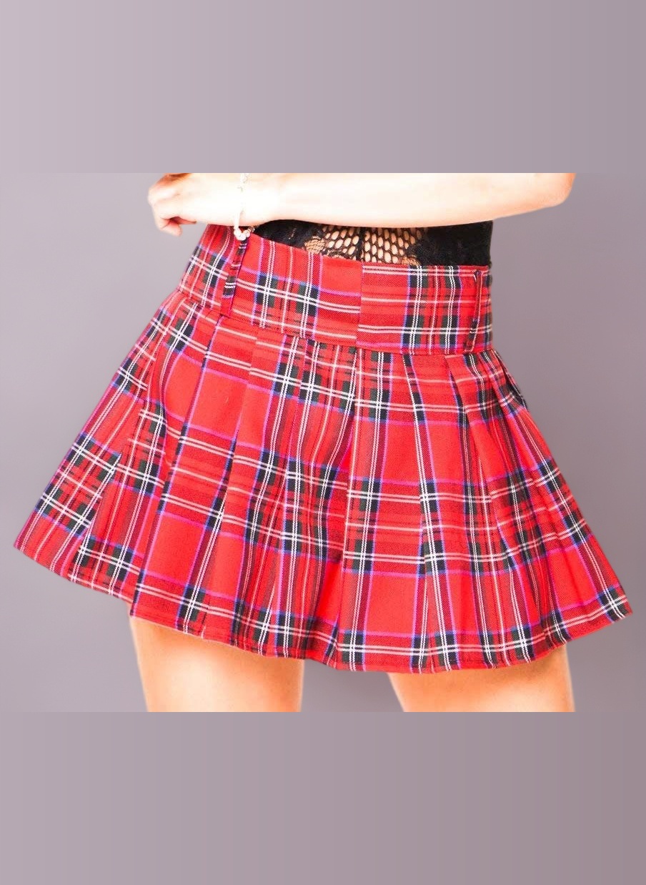 DivasWorld Red Tartan Pleated School Girl Kilt Micro Mini Skirt (Size UK 18-20 / Fits 37 inches Waist)