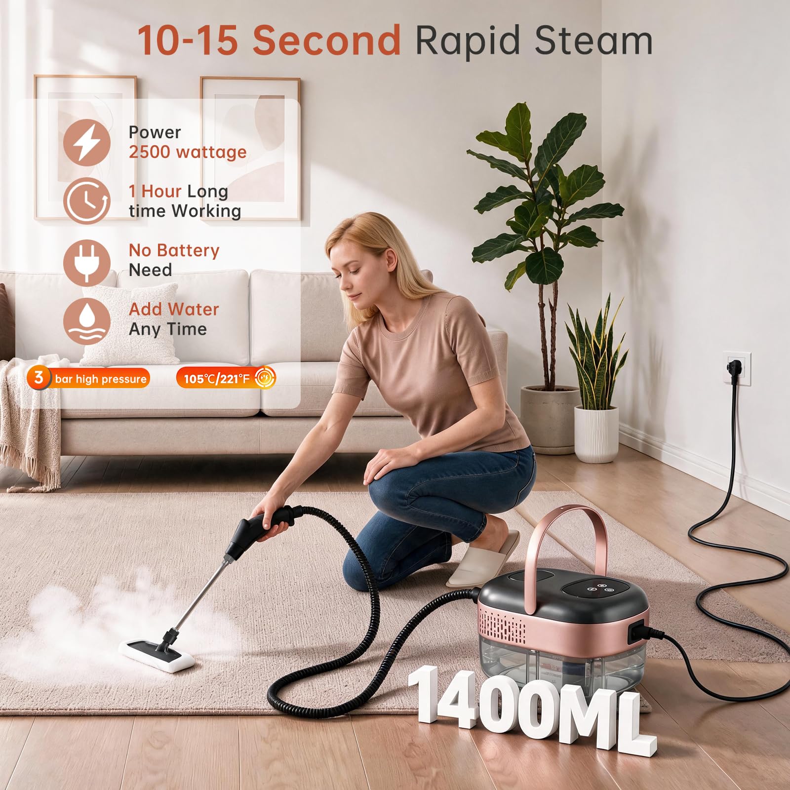 Mixoo Hochdruck Dampfreiniger Handgerät für alles, 2500W, 1,4L,3 Bar