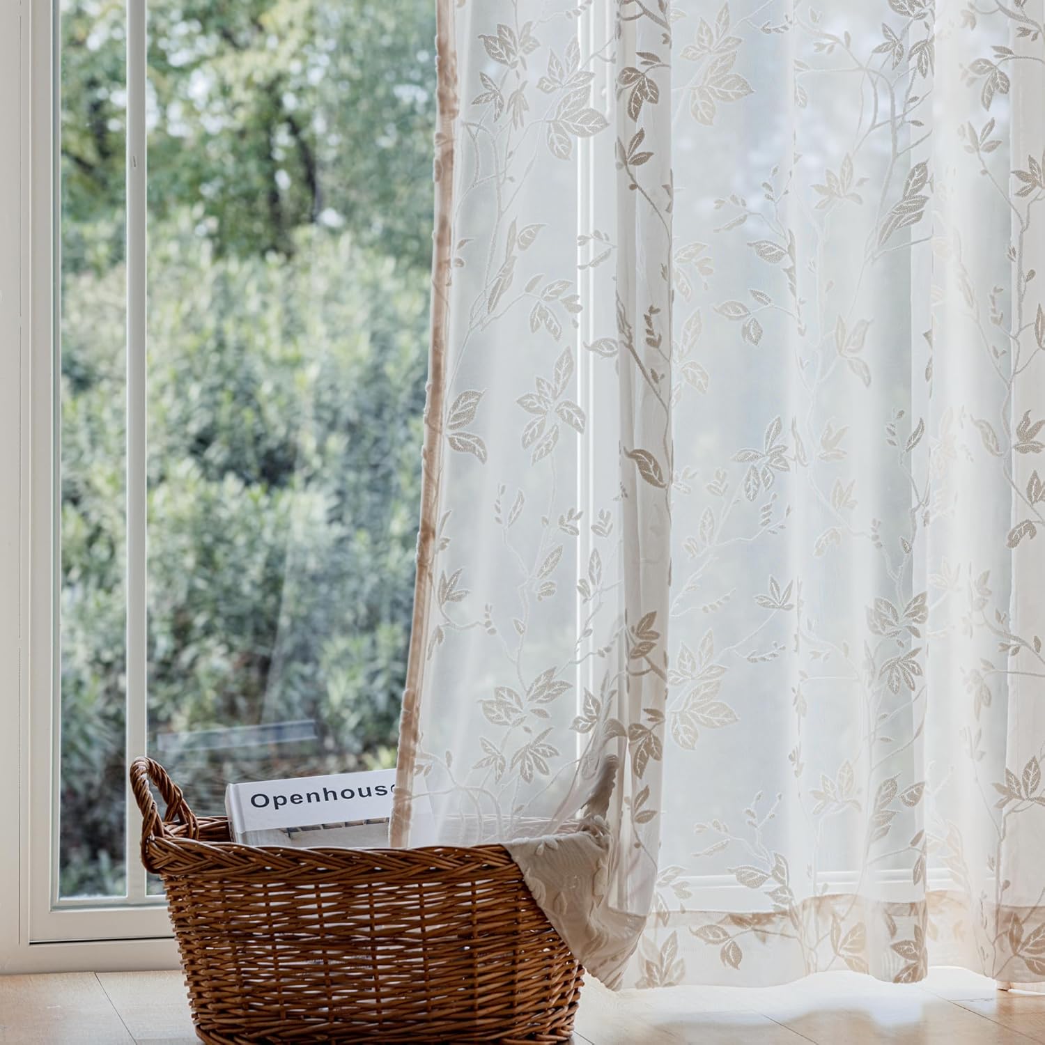 Vintage Sheer Curtains 96 Inches Long - Floral Jacquard Lace Sheer Curtain Light Filtering Decorative Curtains Drapes for Living Room Bedroom 2 Panels Set 54 X 96, Beige