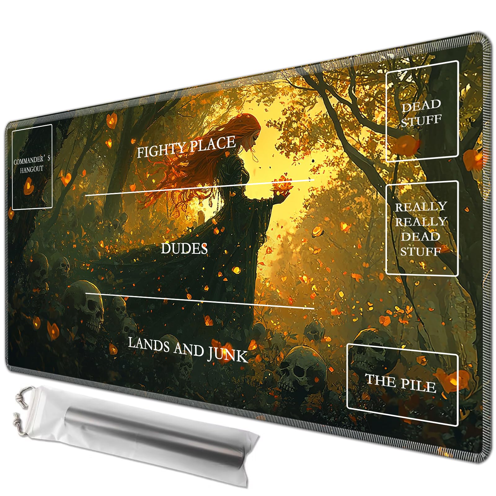 JANENFNA Playmat 24" x 14" with Magic Zones for MTG Card Game Playing, Board Game Mat for Card Breaking Commander Deck Gaming Card Game Battles Mat with Storage Bags, Forest Sorceress โ image 1