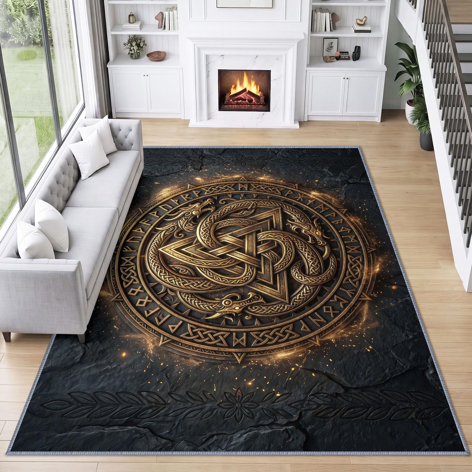 Générique Nordique Celtique Relief Tapis Poils Courts Résistant aux Griffures Animaux, Métal Badge Serpentin Bête-Dragon Tapis 120 x 170 cm Chambre Lavable et Antidérapant pour Bureau entrée Salon