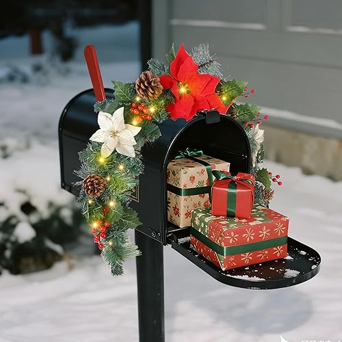 Miniatura 4 de DR.DUDU - Guirnalda preiluminada de Navidad para buzón con flores de nochebuena, guirnalda artificial de Navidad iluminada por batería con piña y