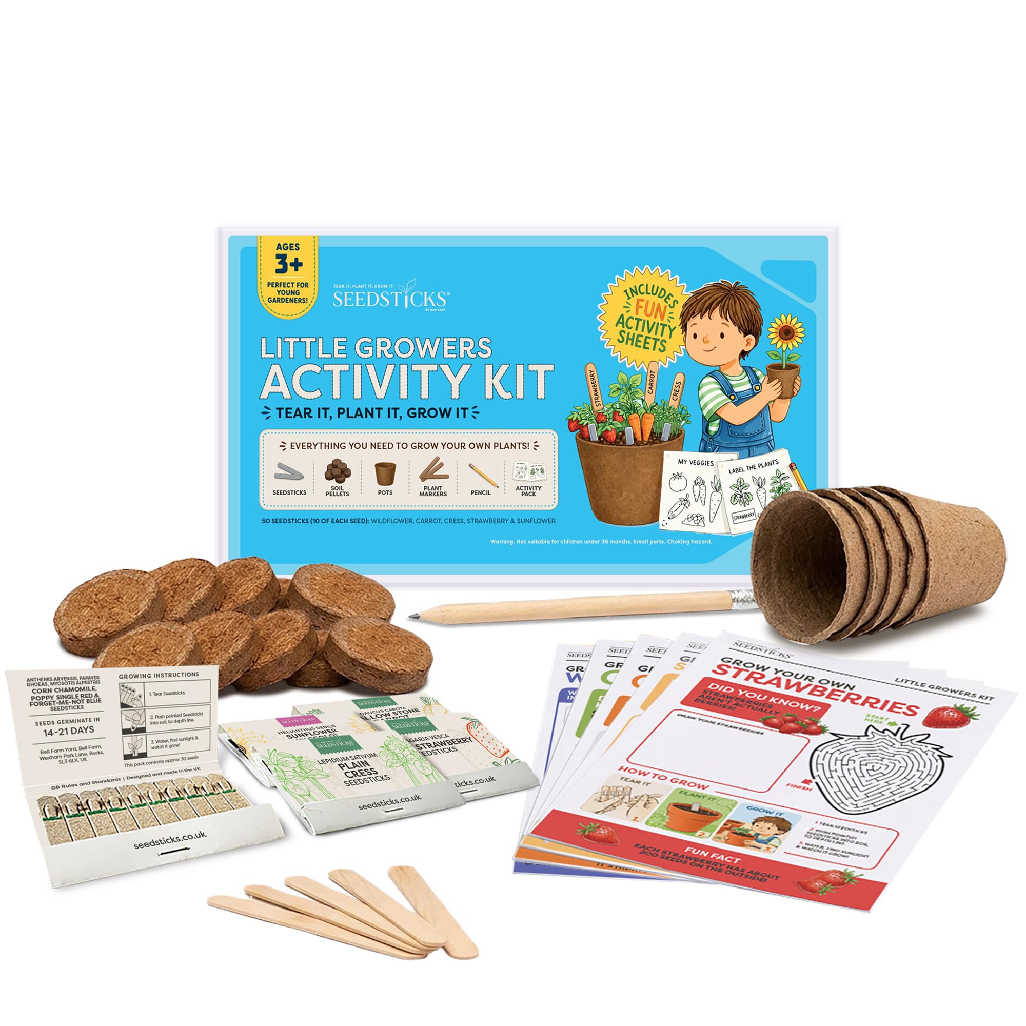 Seedsticks Little Growers Activity Kit - 5 x Pots, 10 x Soil Tablets, 5 x Activities Sheets & 5 x Plant Markers - Easy Planting Kit for Children
