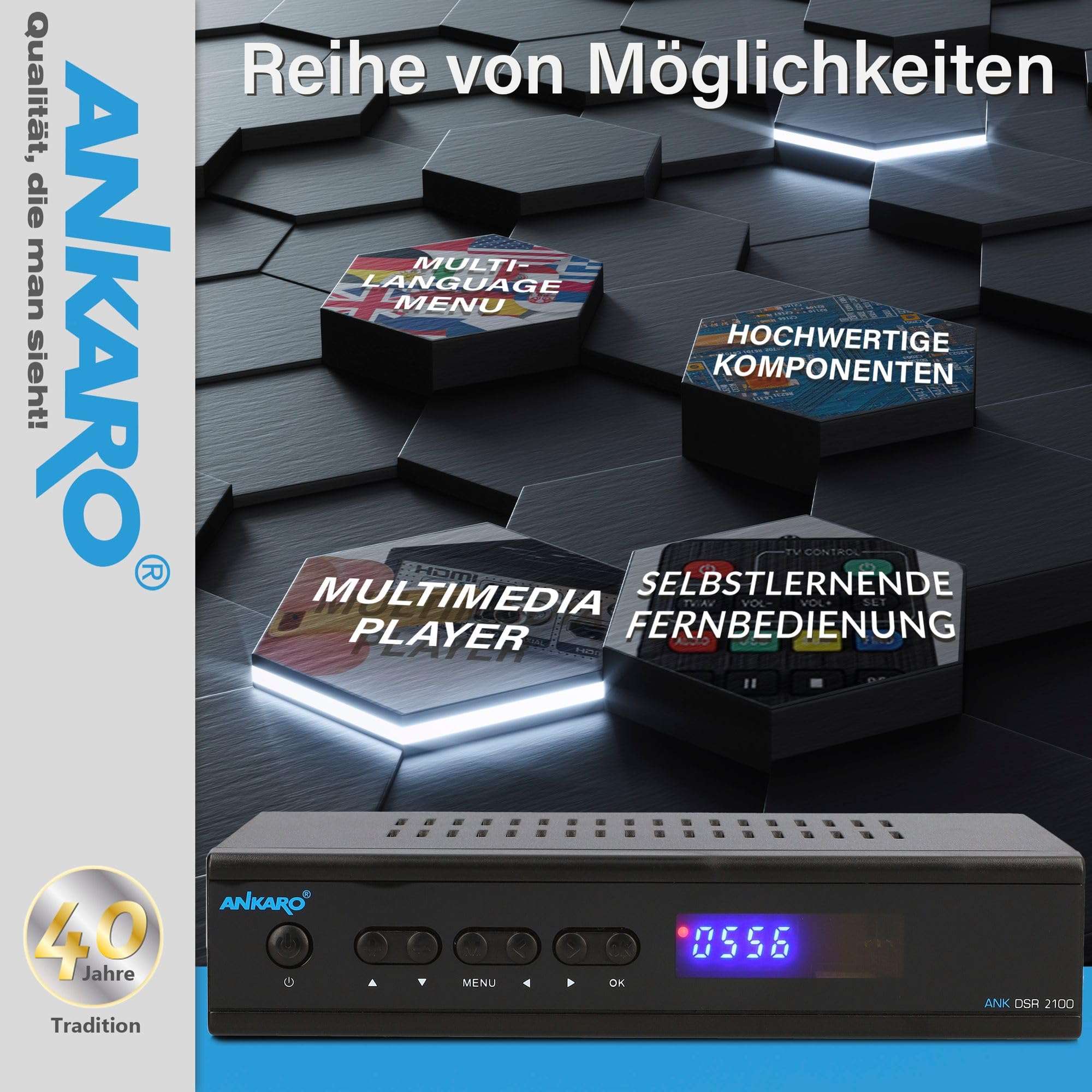 Ankaro 2100 DSR HD Sat Receiver mit PVR Aufnahmefunktion für Satellitenschüssel, AAC-LC Audio, Einkabel tauglich, HDMI,SCART, KOAXIAL, USB 2.0, Timeshift, Receiver für Sat Fernsehen + HDMI Kabel