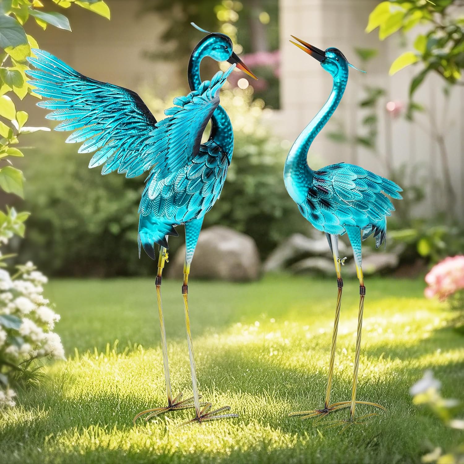 Autodaya 36.75″ Metal Crane Garden Statue – Handmade Oversize Crane Sculptures with Stable Ground Stakes, Backyard Decoration, Metal Garden Art.