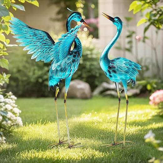 36.75" Metal Crane Garden Statue, Handcrafted Oversized Blue Heron Decor Sculptures with Stable U-Ground Stakes, Backyard Decoration, Metal Garden Bird Animal Yard Art, Lawn Ornament Decor