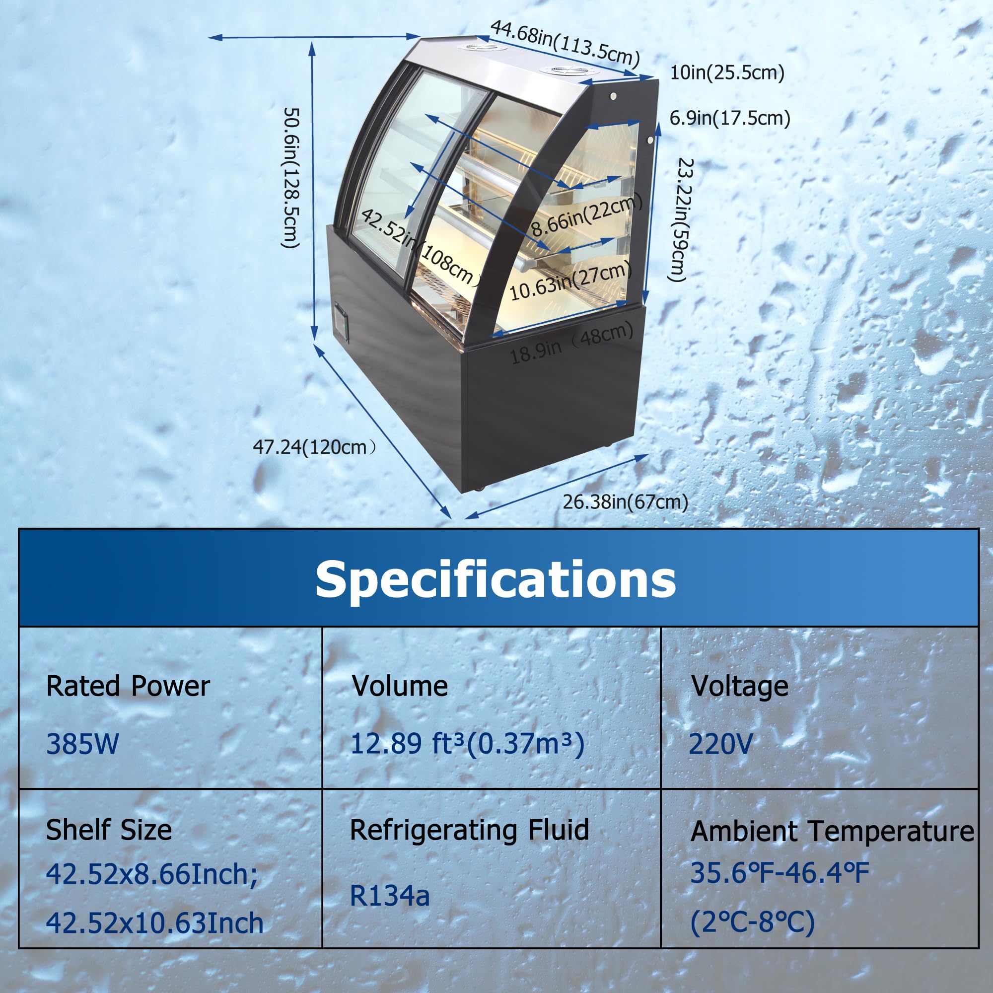 WYDDDARY Countertop Display Refrigerators 47'' Curved Cooling Cake Showcase 220V Two-tier Shelf Commercial Glass Bakery Cabinet Display with Front Sliding Door Yellow LED Light 385W 365L