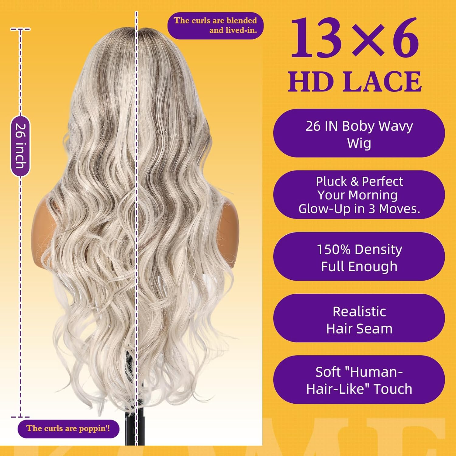 KOME Platinum Blonde Synthetic Lace Front Wig,13×6 Curly Meshless Glueless Wigs for Women Daily Use 26IN（#TT6/4603）