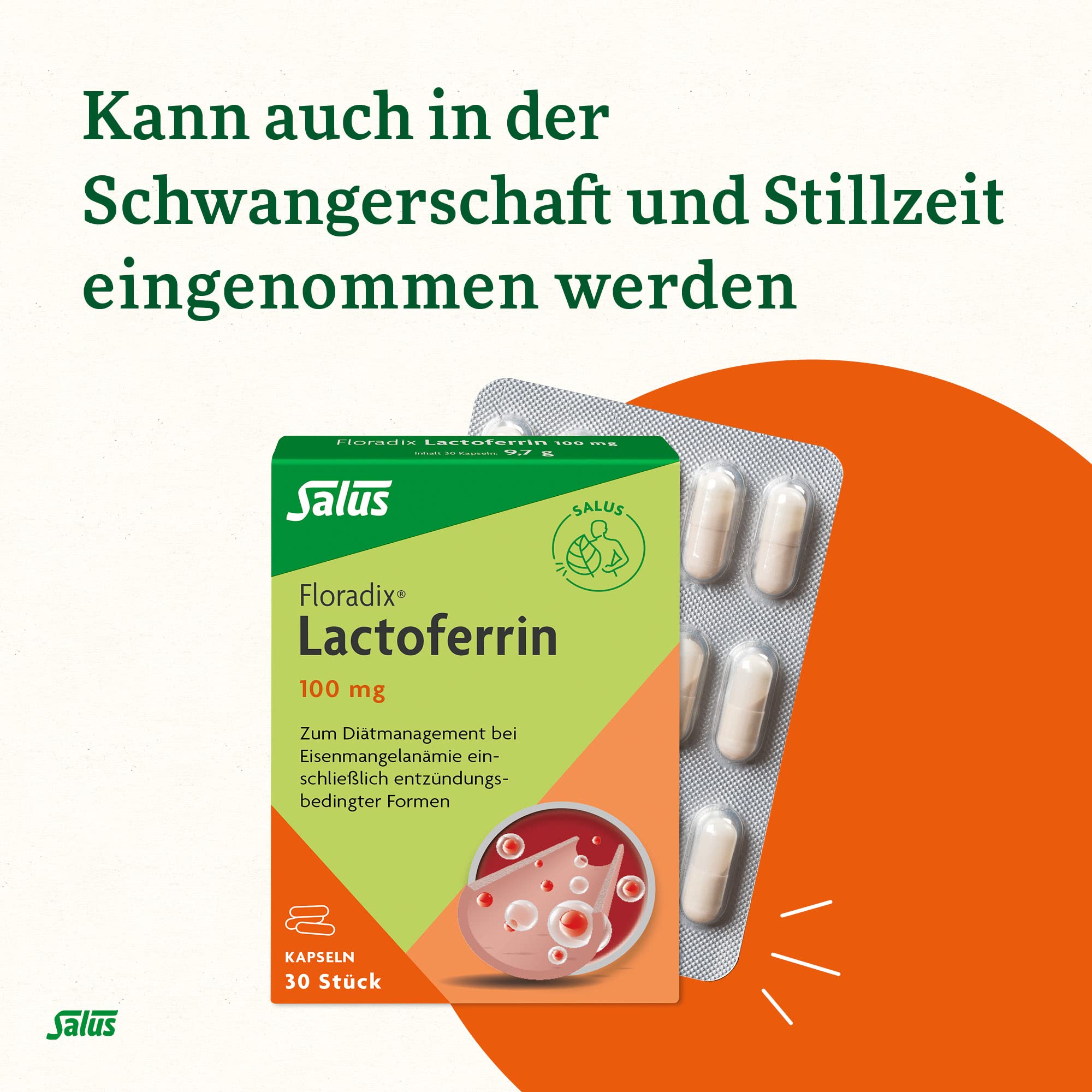 Salus Floradix Lactoferrin 100 mg - 1x 30 Kapseln (9,7 g) - zum Diätmanagement bei diagnostizierter Eisenmangelanämie einschließlich entzündungsbedingter Formen - vegetarisch