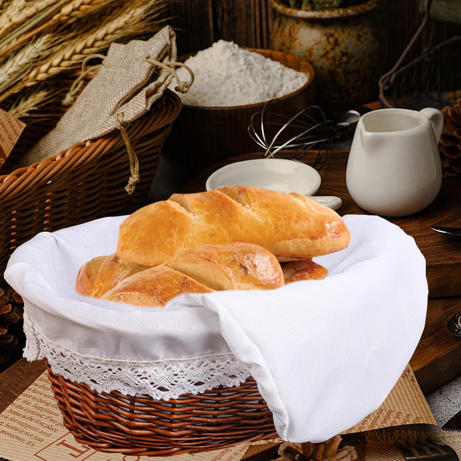 2 Pack 12 Inch Oval Wicker Bread Basket, Elegant Woven Wicker Bread Baskets for Serving, Sourdough Proofing Basket with Removable Liner and Cover