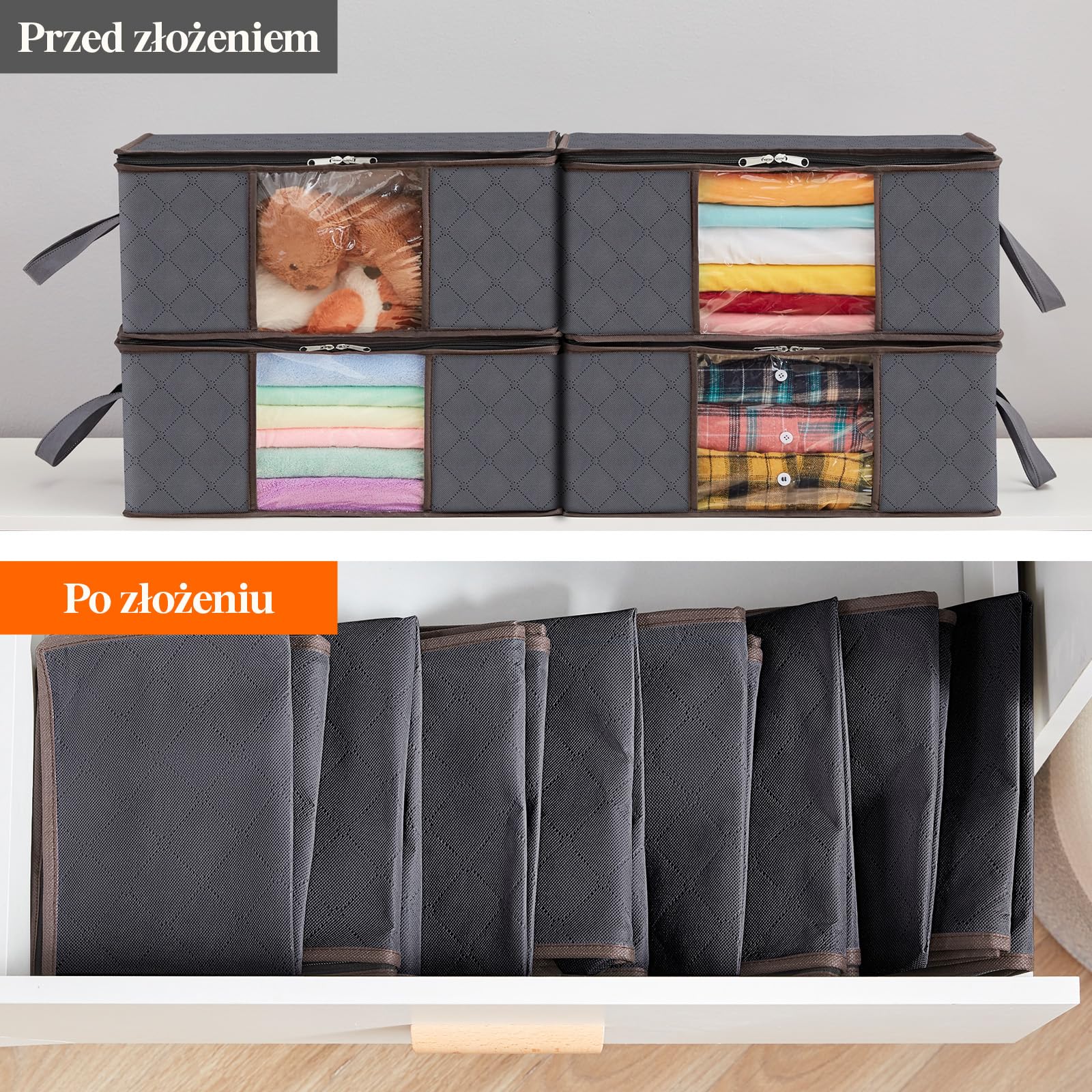Lifewit Torba do Przechowywania Ubrań Składany Pojemnik do Przechowywania Szafa ze Wzmocnionym Uchwytem Wytrzymała Tkanina Przezroczyste Okienko na Swetry,Płaszcze,T-shirty,Koce,Opakowanie 6,35L,Szary