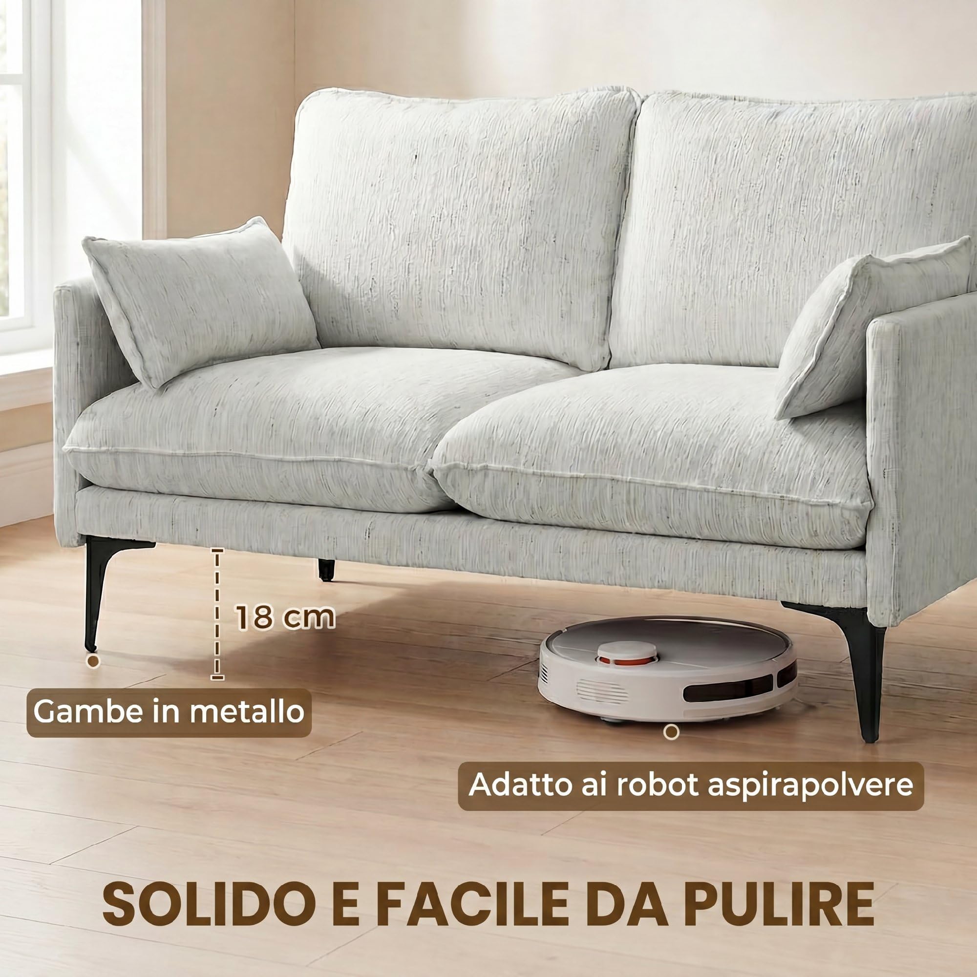 HOMCOM Divano 2 Posti Imbottito in Lino Traspirante con Filati Multicolore Delicati, Divanetto da Salotto con Imbottitura Spessa, Seduta Ampia Profonda, 2 Cuscini, Braccioli, 131x78x83 cm, Bianco