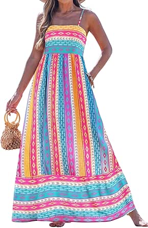 Women Summer Maxi Dress 2026 Spaghetti Strap Boho A-Line Flowy Casual Sun Dress