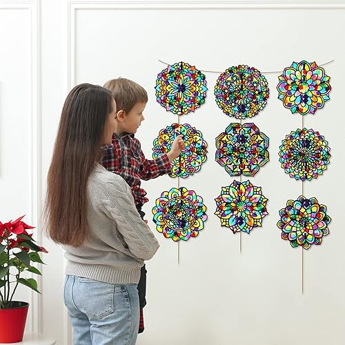 Miniatura 6 de Paquete de 18 adhesivos de mandala para ventana, kit de bricolaje para adultos, atrapasueños para ventanas, artes y manualidades, kit de bricolaje