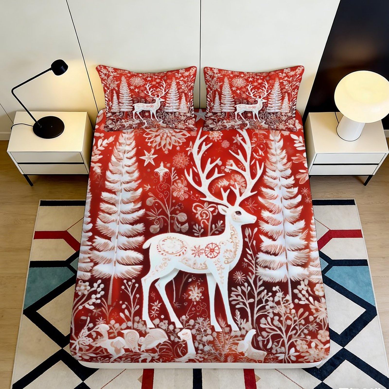 3D Printed Red Christmas Reindeer Fitted Sheet Microfiber Soft Winter Forest Bed Cover for Bedroom Guest Room Decor 200x200x25cm