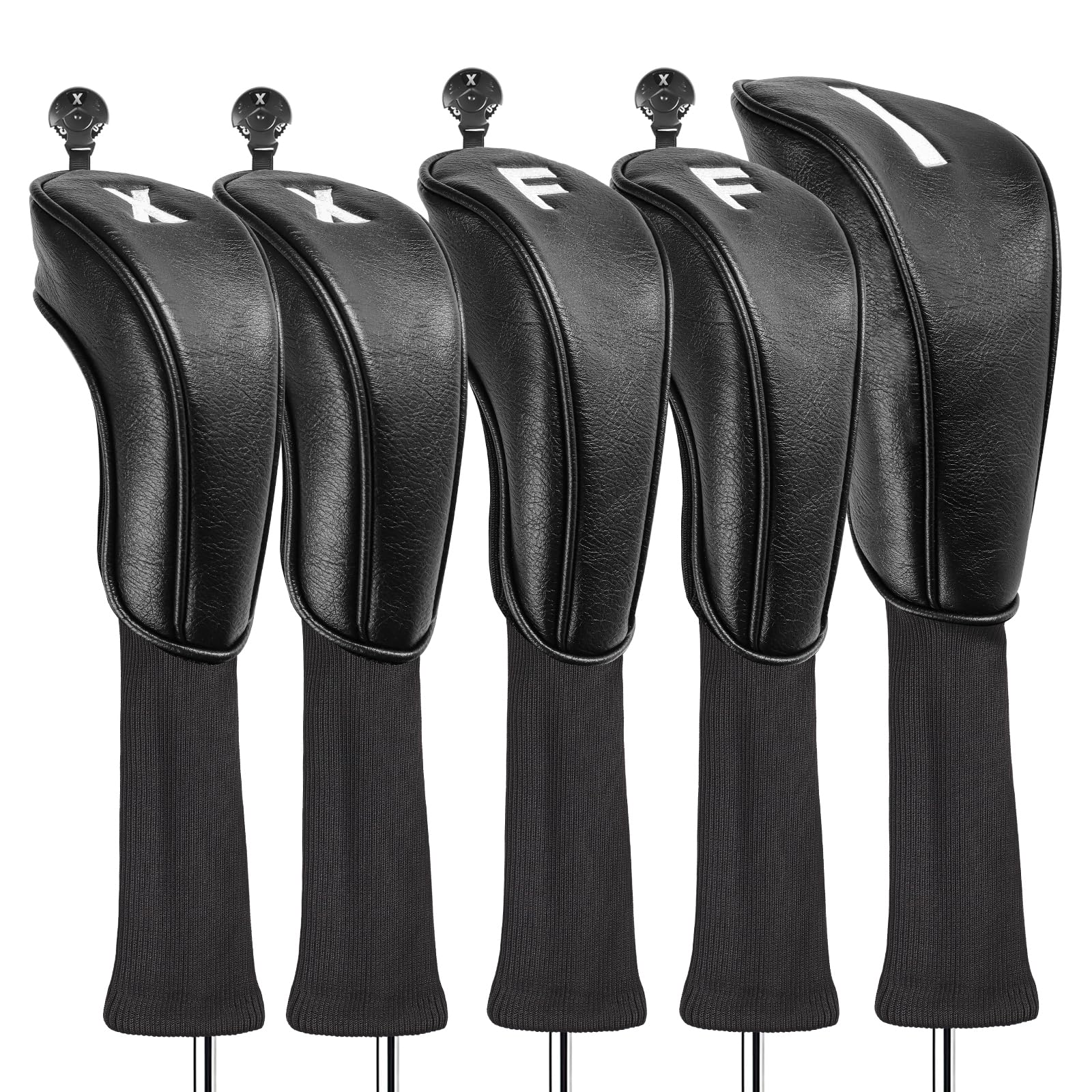 FINGER TEN Premium PU Leather Golf Wood Headcovers for Driver Fairway Hybrids 3 or 5 Pieces, Long Neck Covers with Embroidered Labels & Interchangeable No. Tags Fit Men Women (Black-5 Pieces)