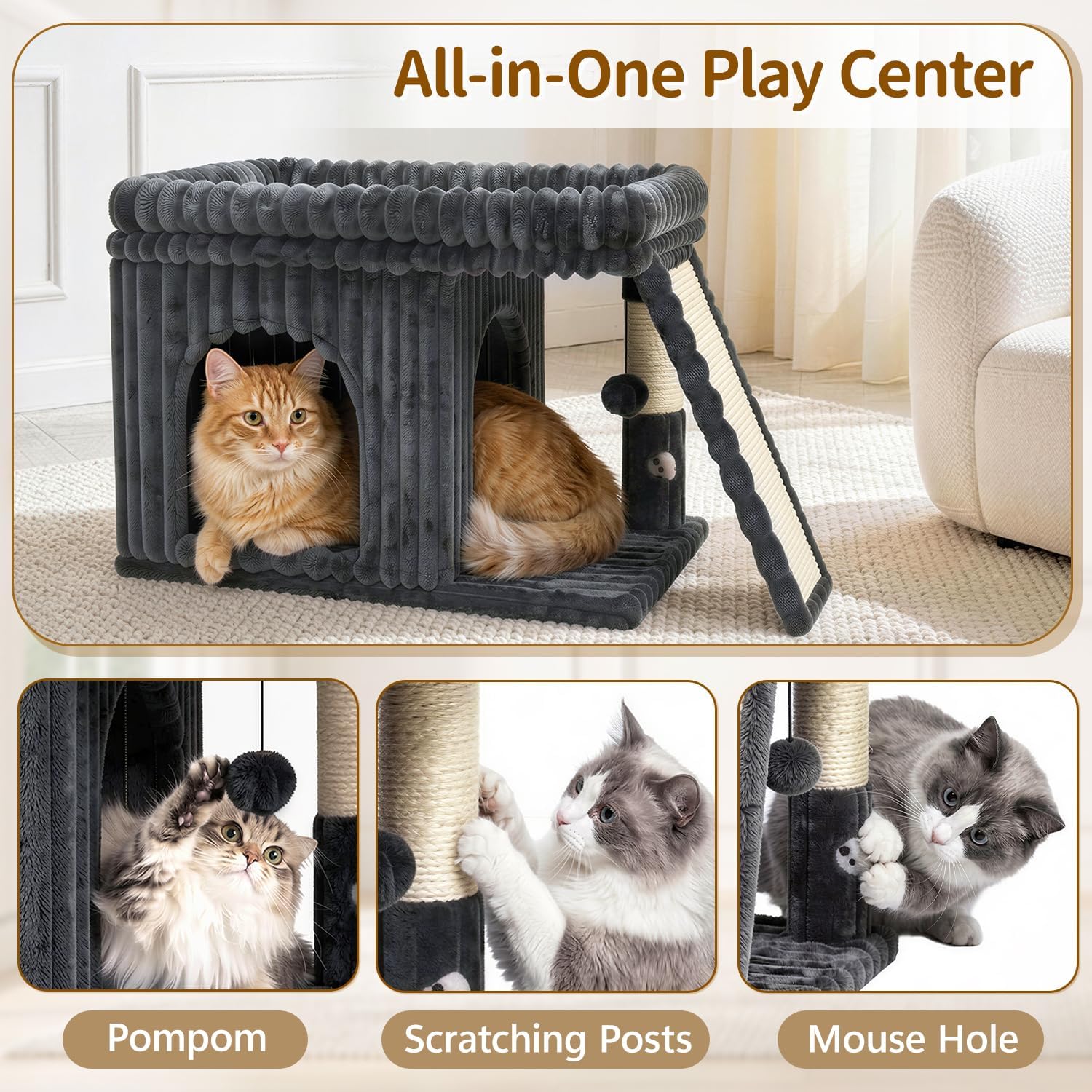 Cat Tree Tower Bed with Scratching Post for Indoor, Heavy Duty Small Stand House Condo for Large Cats & Kittens, Modern Sturdy Platform Perch Hideout Climb Rest Area, Dark Gray Striped Fabric