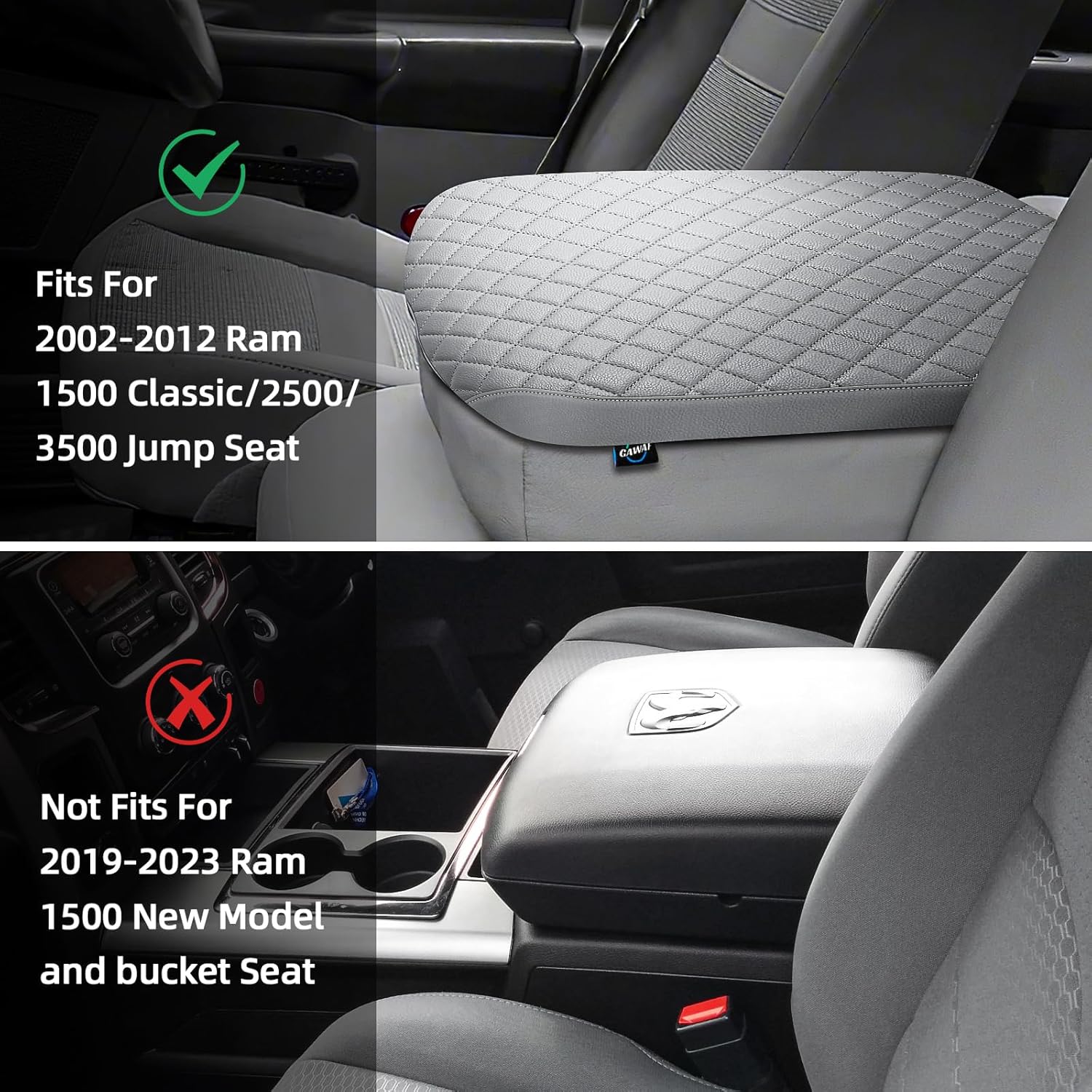 Center Console Cover Fit for 2002-2012 Ram 1500 2500 3500 Jump Seat Console, Comfortable Armrest Cover Protector Customized Car Accessories, Armrest Cushion Pad with Hidden Pocket (Gray)