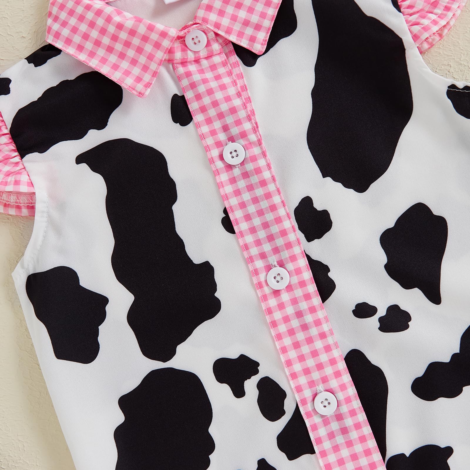 Western Baby Mädchen Denim Outfits Kuhdruck Rüschen Ärmel Knopfleiste Tops mit Schleife Weites Bein Jeans Shorts Set
