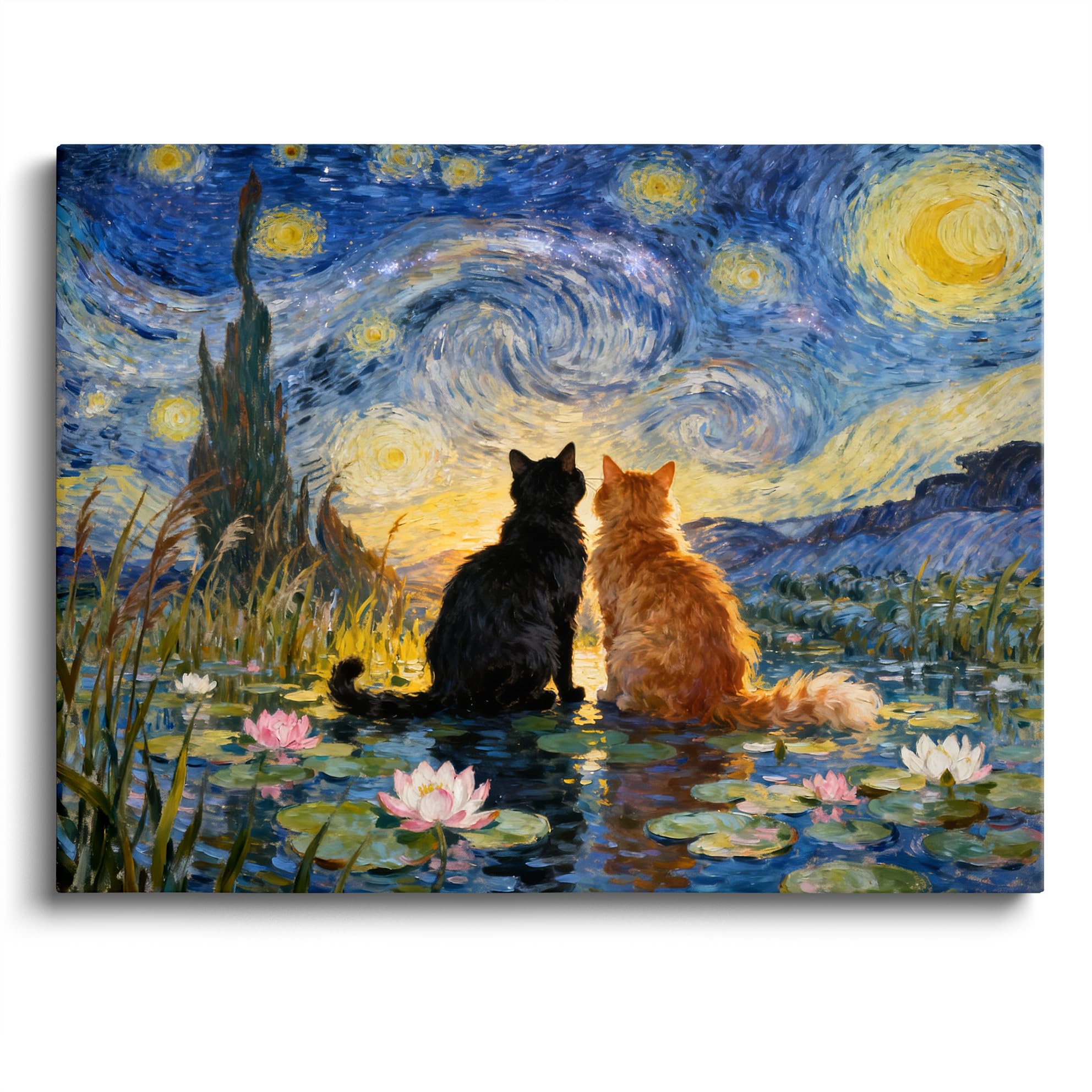 TimAsh Starry Night Cat Canvas Art, Van Gogh Black Cat & Orange Cat Painting – Vintage Abstract Aesthetic Print for Farmhouse, Living Room, Bedroom, and Office Wall Decor 24L x 16W
