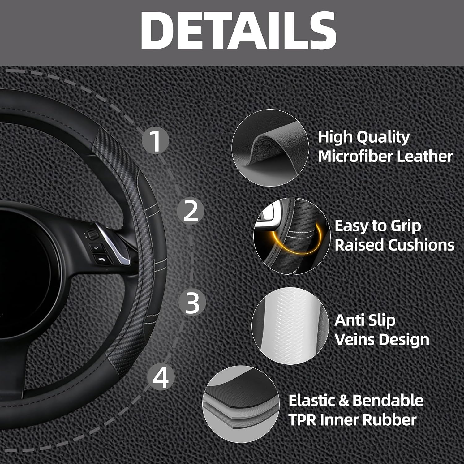 NBTEPEM 6 Pcs Black Car Accessories Set, Sport Leather Steering Wheel Cover 14.5-15inch Universal, Car Center Console Cover, Seat Belt Cushion, Cup Holder Coaster (Black Carbon Fiber)