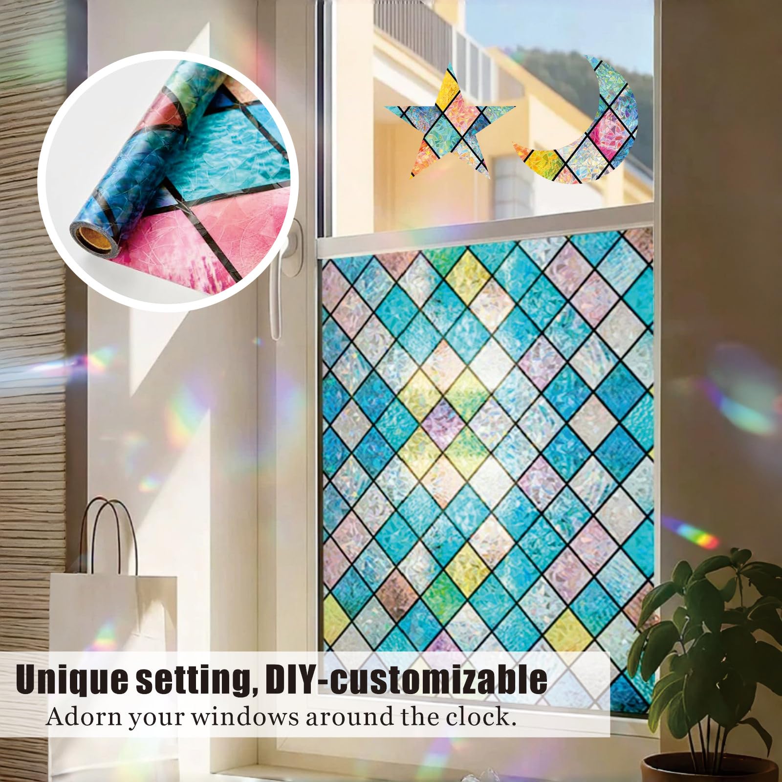 Ellicola Privacy Finestre 3D Arcobaleno 120 x 170 cm Senza Colla Static, Protezione Uv, Protezione Della Privacy, Finestre Decorativa Elettrostatica per Letto, griglia cristallo
