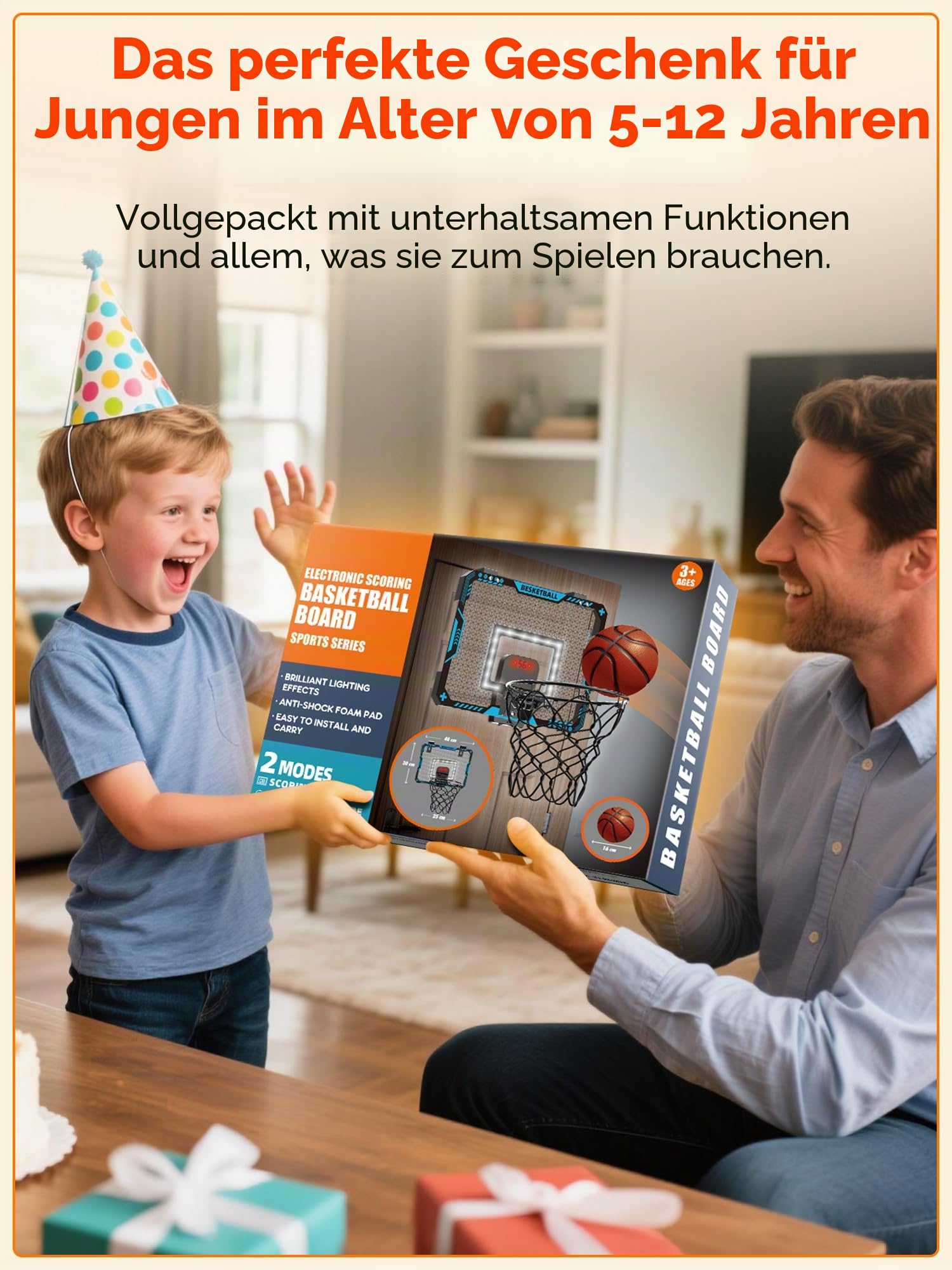BATURU Mini Basketballkorb Indoor mit LED Anzeige & Sound, 3 Bälle + Pumpe, Geschenk Junge 5-12 Jahre
