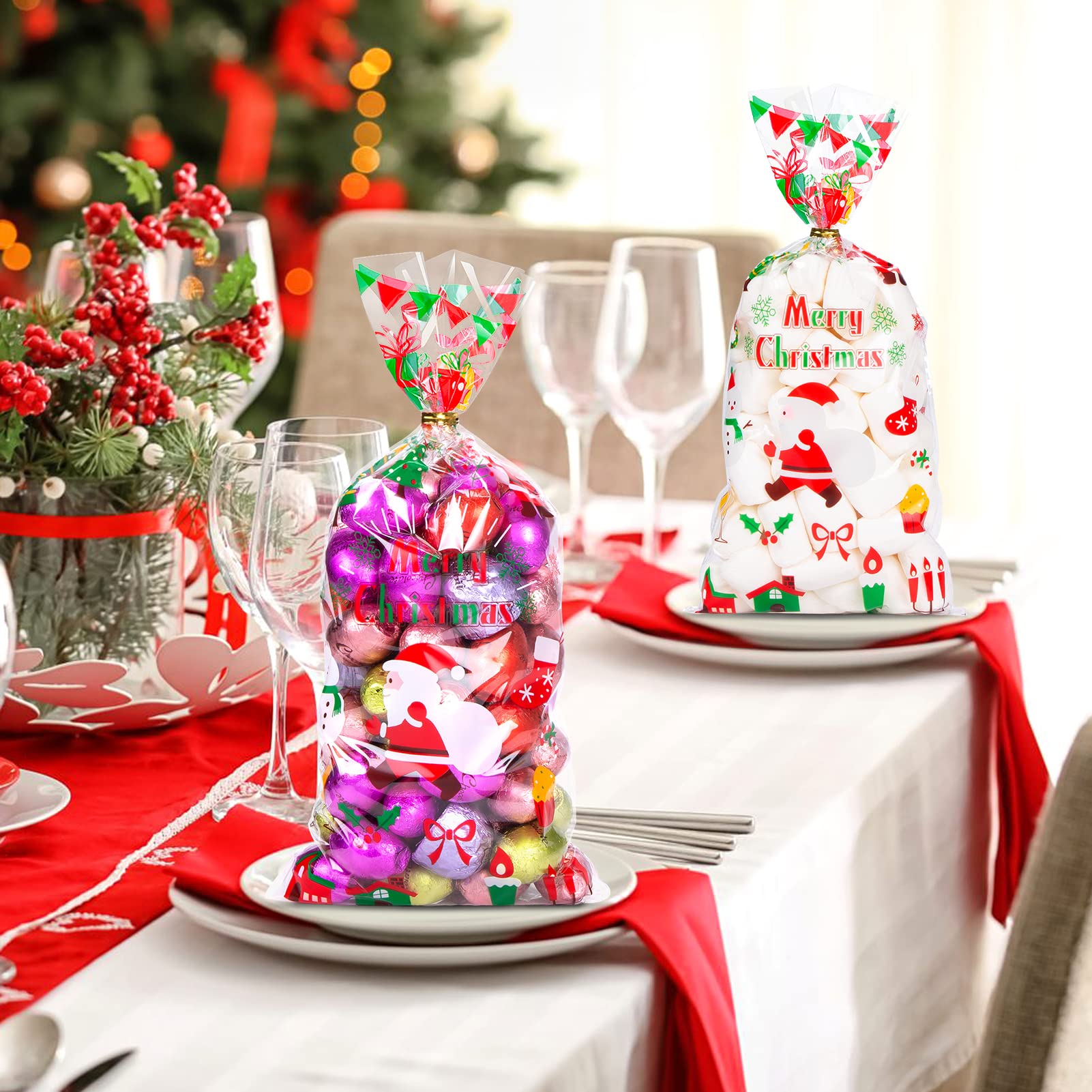 MELLIEX 100 Sacchetti Per Biscotti Fiocco Di Neve - 27x13 Cm In Cellophane Trasparente Con 200 Twist Ties Dorati - 2