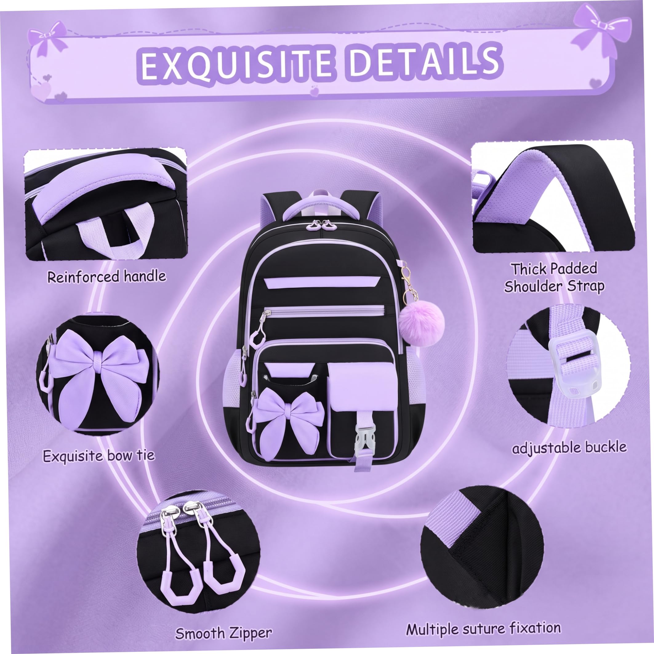 Zaino lavanda per ragazze Set Zaino viola di capacità per la scuola