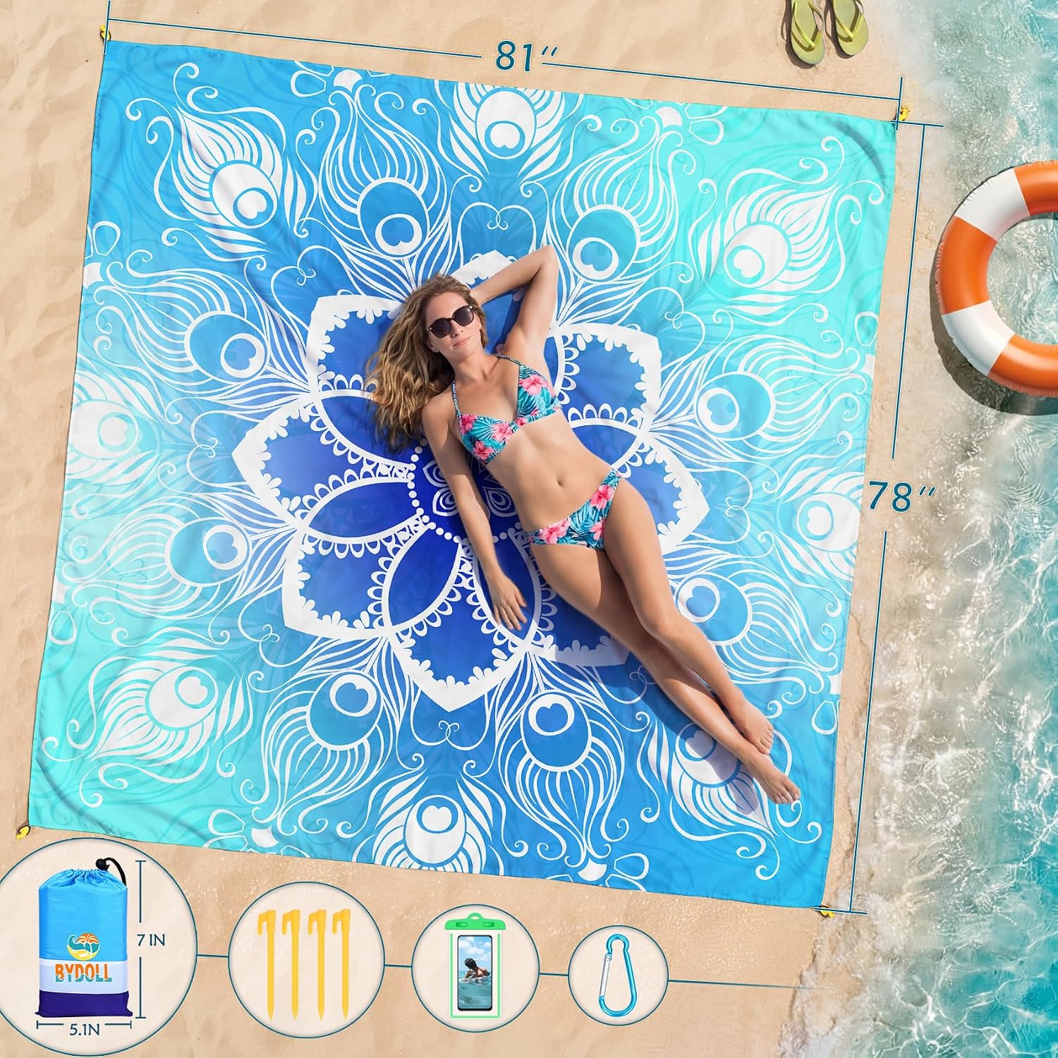Beach Blanket Waterproof Sandproof Large 78''X81''/10'X9' Beach Towel Mat image 2