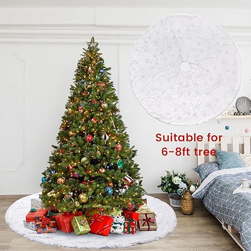 Miniatura 2 de Falda de árbol de Navidad blanca, 48 pulgadas, falda de árbol con cuentas de copo de nieve de piel sintética de lujo para decoración de árbol de