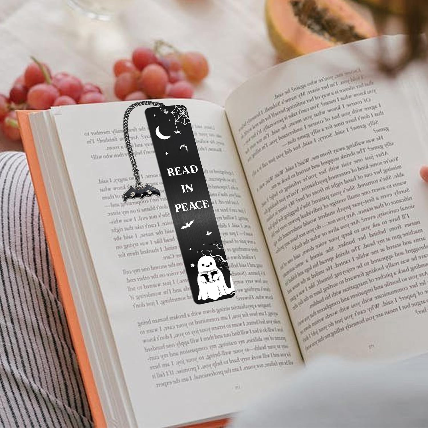 Halloween Ghost Metal Bookmarks: Horror Spooky Book Mark Clips with Bat Pendant, Read in Peace Book Markers for Reading, Halloween Gifts for Kids Women School Office Supplies image 4