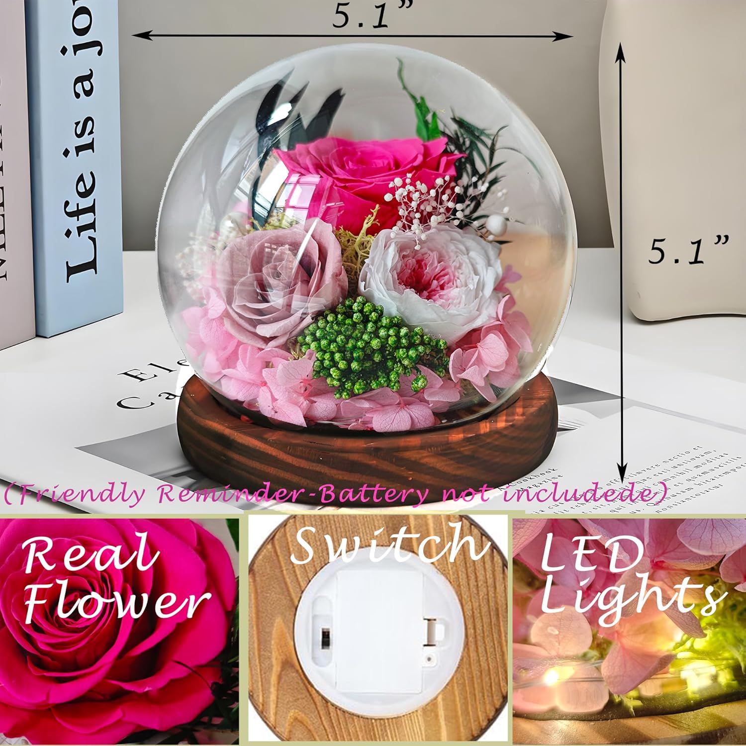 Preserved Real Rose Gifts for Her- Red Forever Rose in Glass Dome with LED for Women Mom Girlfriend Grandma Wife Birthday Mother's Day Christmas Valentines Day Gifts - Image 2