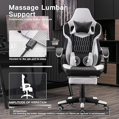 Miniatura 8 de segedom Silla de oficina estilo carreras, cojín lumbar ajustable para masaje, mecedora giratoria, reclinable, de cuero, respaldo alto, ergonómica,