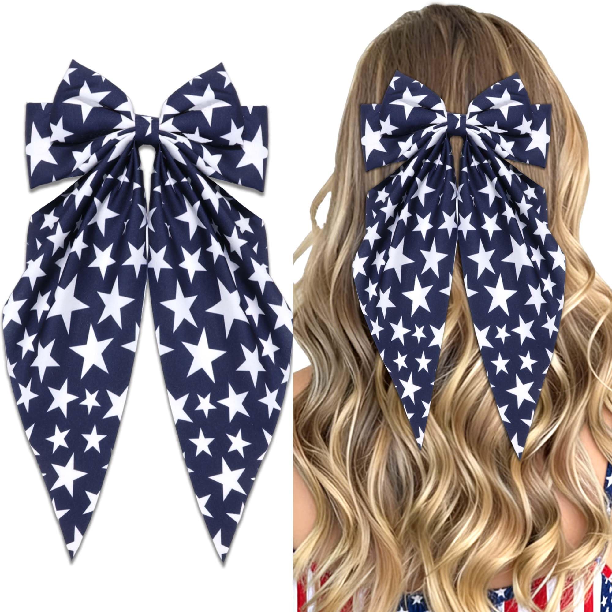 STGDAK 4th of July Hair Bow Blue White Star Big Patriotic - hair accessories | Mubboo