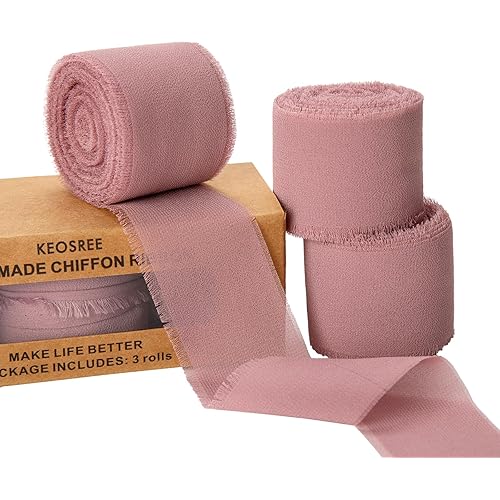 3 Rolls Dusty Rose Handmade Chiffon Ribbon,1.5" x 21Yd Frayed Fringe Silk Mauve Ribbons (3 Rolls *7Yd) for Gifts Wrapping, Wedding Invitations, Bridal Bouquets, Decorations