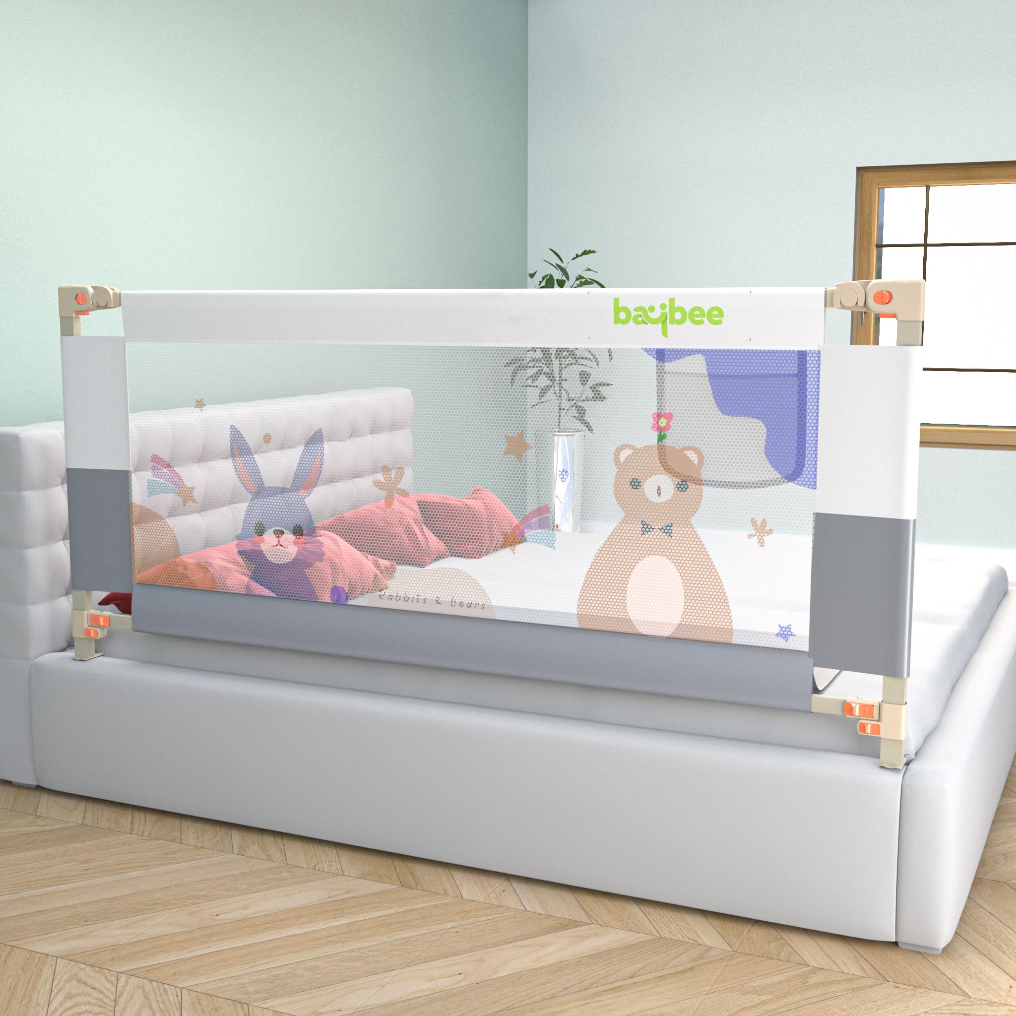 BAYBEE Baby Bed Rail Guard(180x80cm), Bedrail for Baby Safety with 28 Height Adjustable, Portable Bed Side Protector for Baby Falling | Foldable Single Side Bed Railing, 1 Side, (Grey/White)