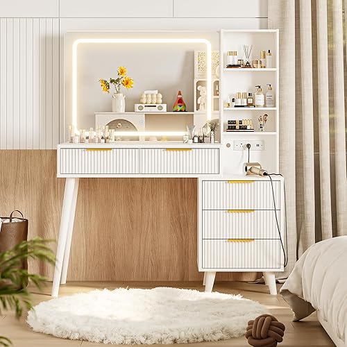 Miniatura 7 de Escritorio de tocador de 44 pulgadas con espejo y luces, escritorio de maquillaje con toma de corriente, escritorio de maquillaje con 5 cajones y