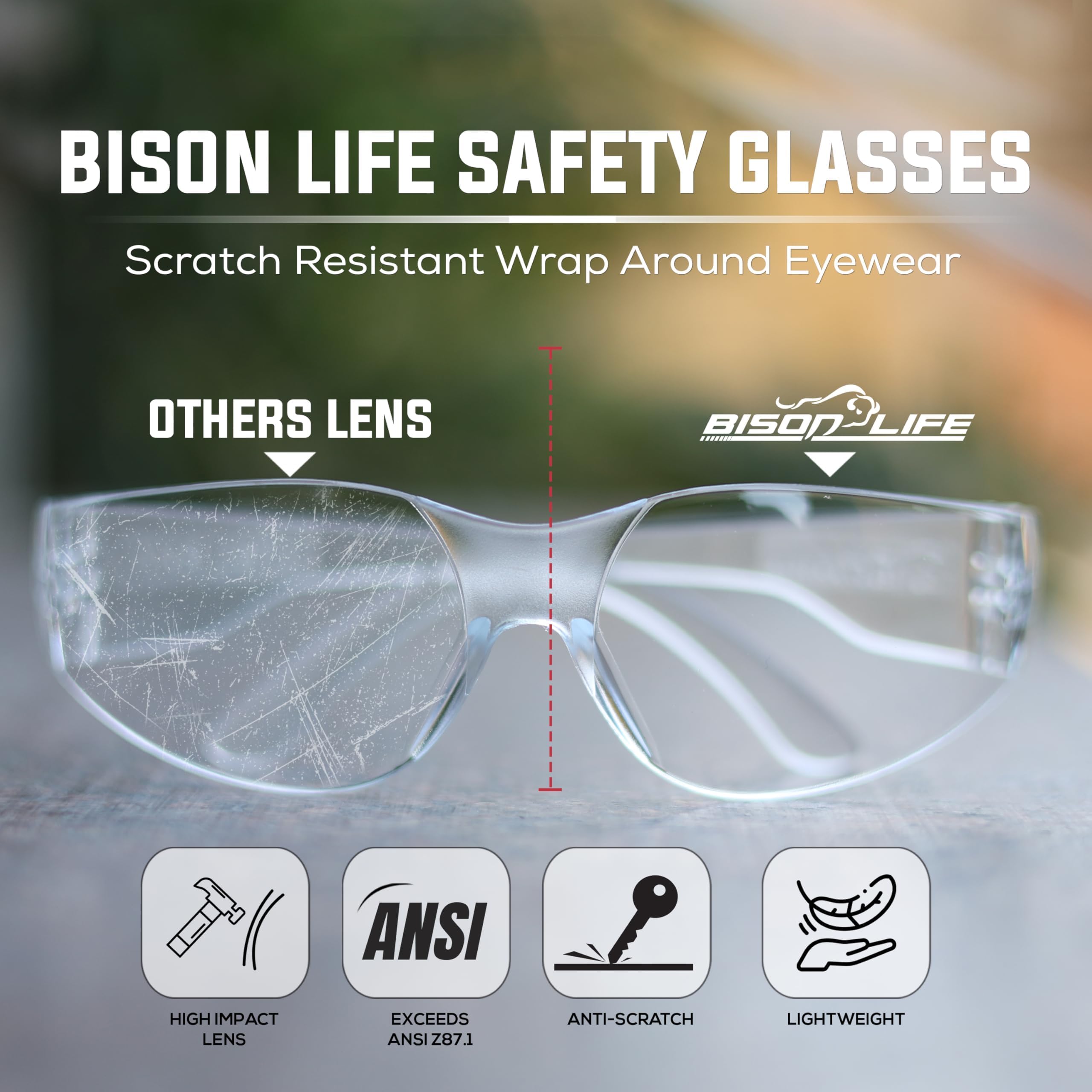 BISON LIFE Clear Safety Glasses for Men & Women, ANSI Z87.1 Certified, 6 Pk — Amazon image 4