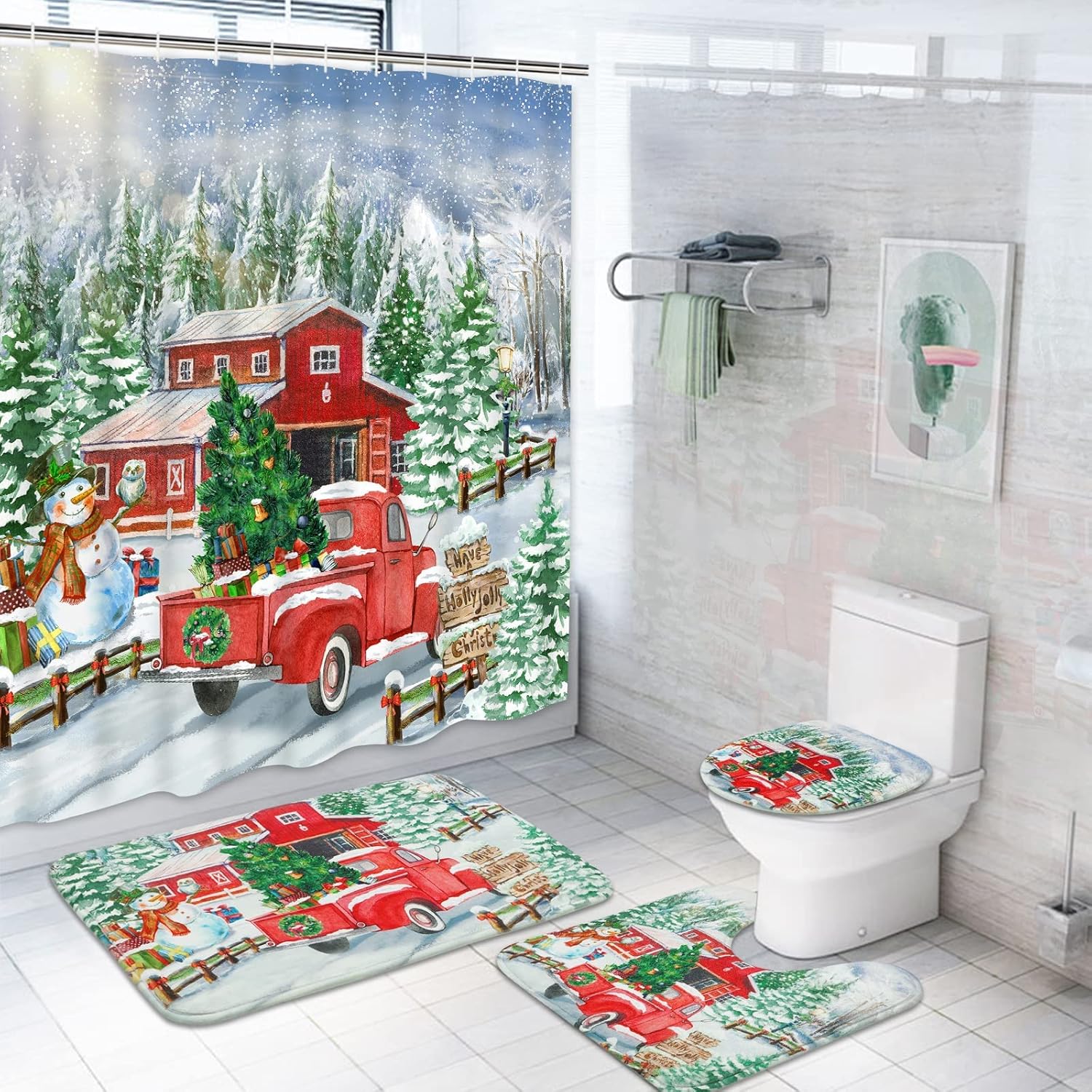 Alishomtll 4 Pcs Christmas Shower Curtain Sets with Non