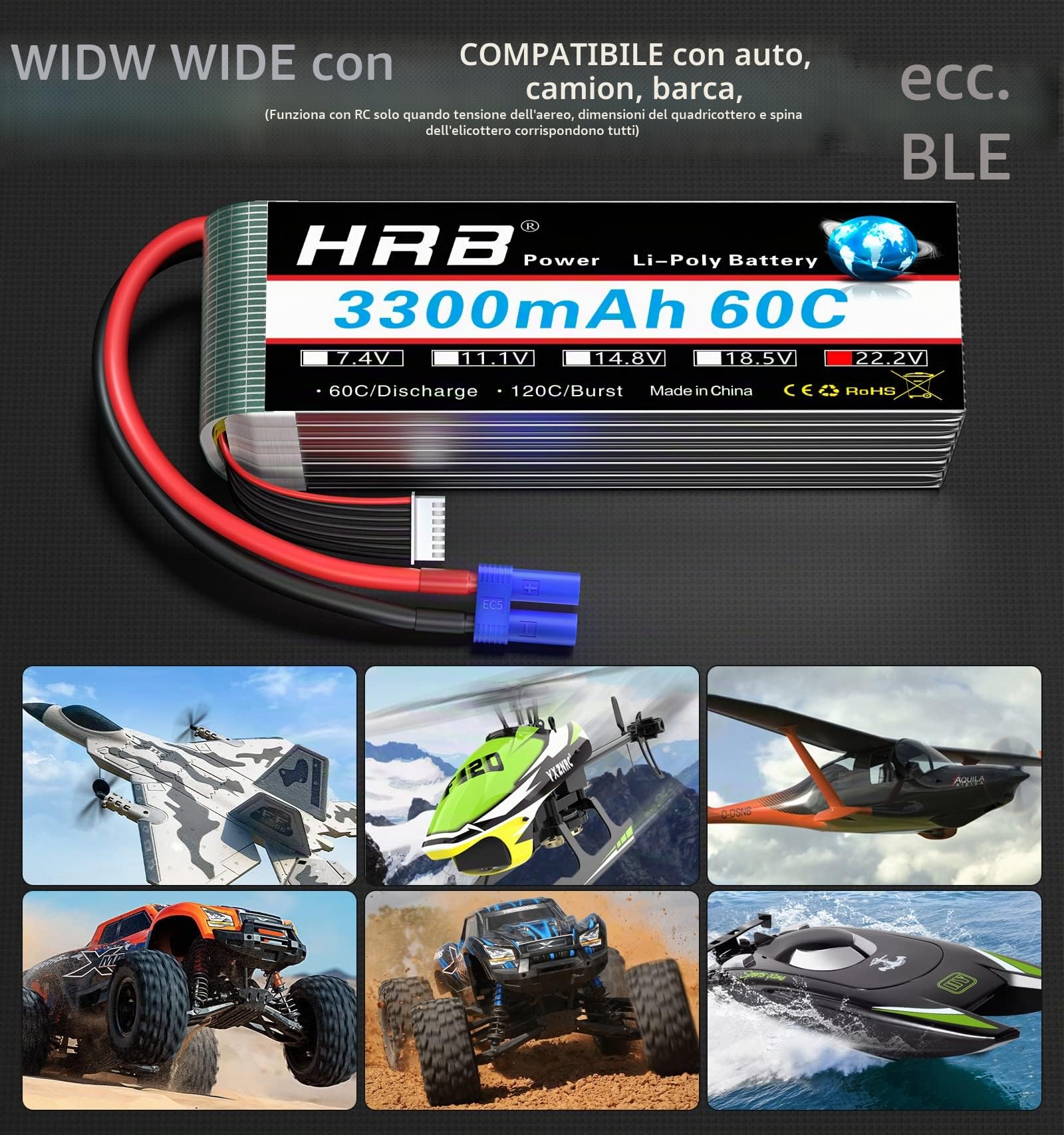 HRB 2PCS 6S 22.2V 3300mAh 60C Lipo batteria con spina EC5 per RC Helicopter Airplane Car Boat Truck