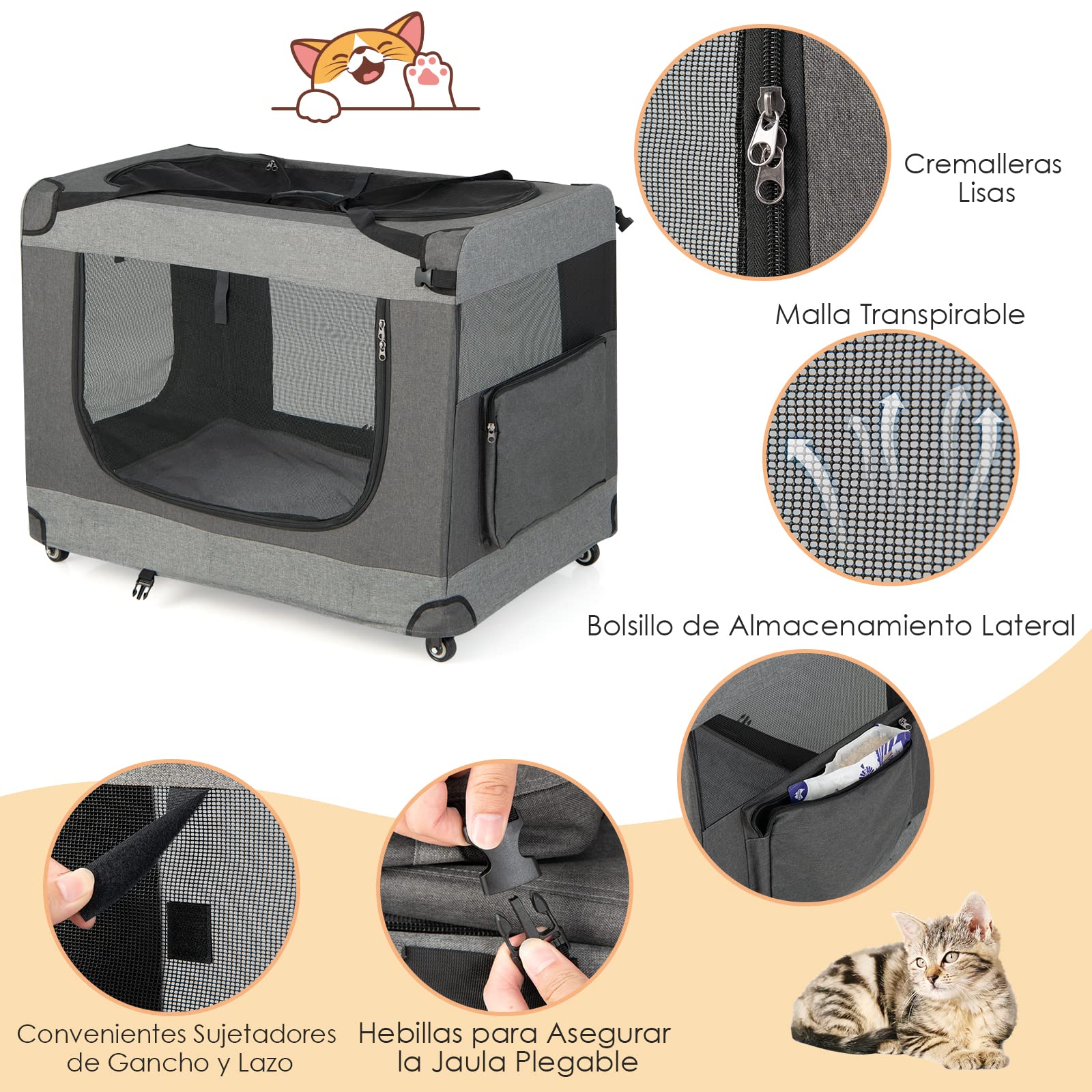 COSTWAY Transportín con Ruedas para Mascotas, Caseta Plegable con Correa para el Hombro, Cojín Extraíble, Bolsa de Almacenamiento, 3 Entradas, Transportador de Mascotas, Gris, 82 x 59 x 67 cm