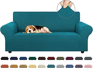 KEKUOU Stretch Loveseat Sofa Cover Slipcover,Couch Covers for 2 Cushion Couch Sofa (55"-78") Furniture Protector Sofa with Elastic Bottom for Kids,Dog. Jacquard Small Checked (Medium,Peacock Blue)