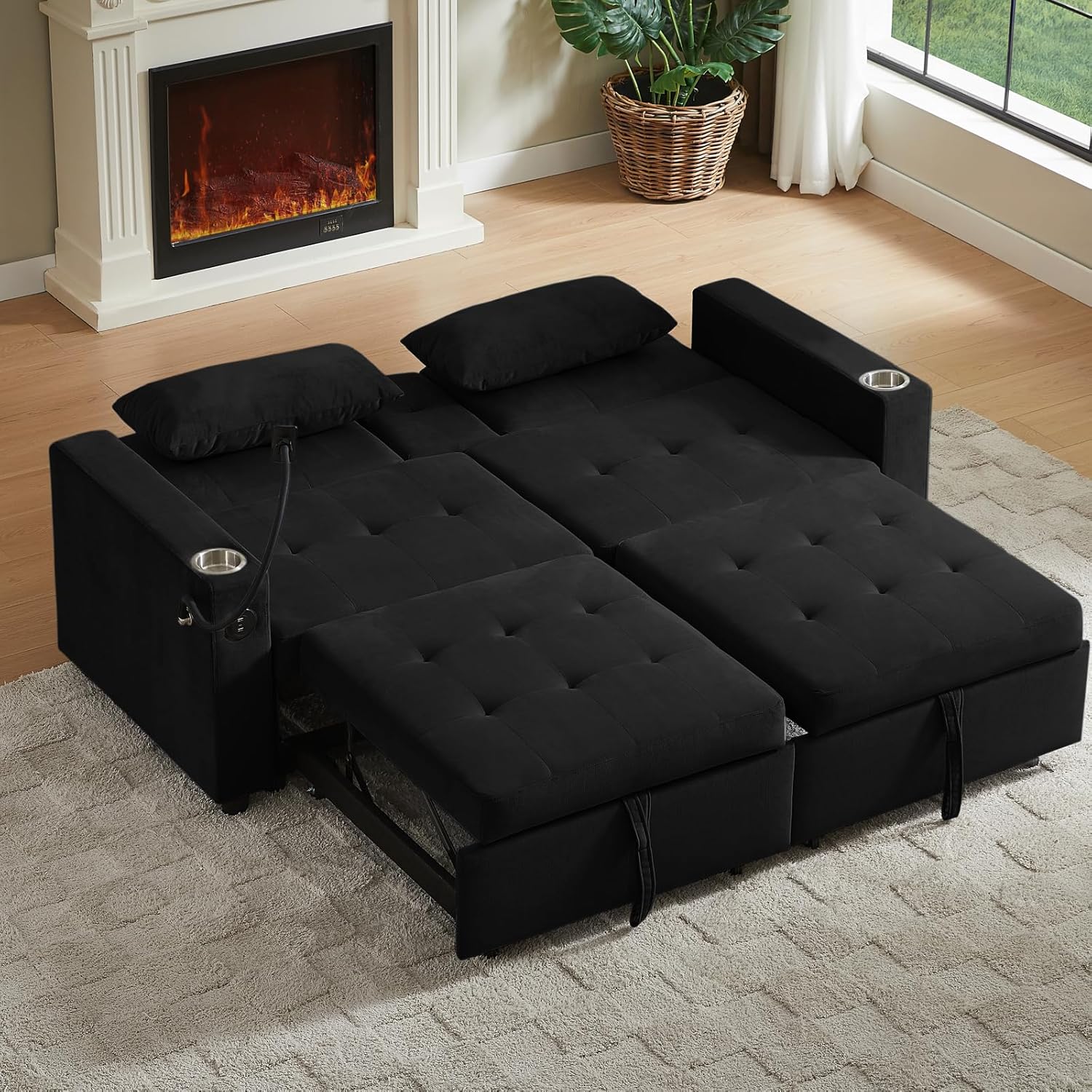 70" Queen Size Sofa Bed for Living Room – Pull-Out Sleeper Sofa Couch with Cup Holder, Phone Holder, USB Charging Port, Solid Wood Frame, Easy Assembly, Space-Saving Design for Small Apartments